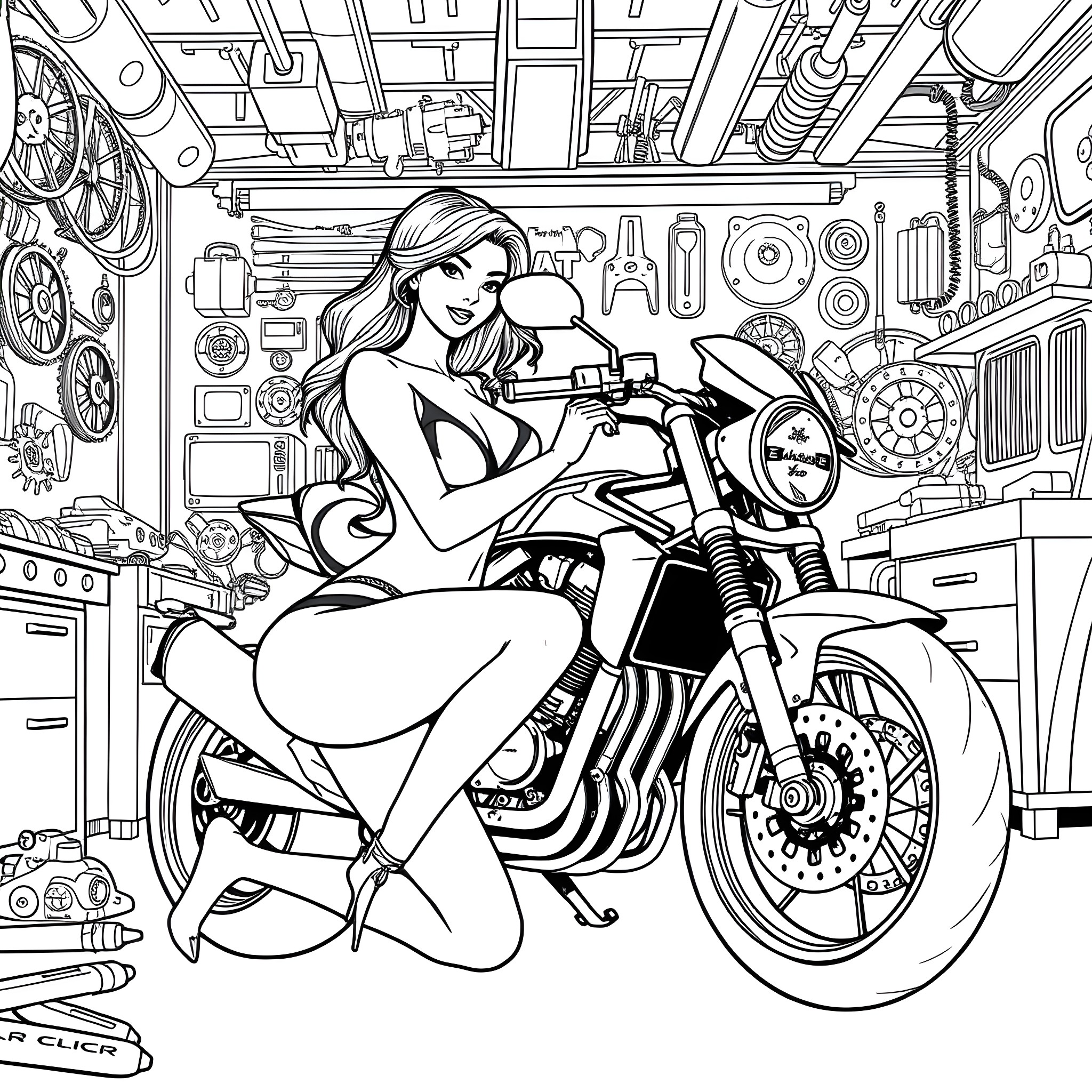 Woman riding motorcycle in mechanic's garage Coloring Page (free black-and-white line drawing printable PDF for all, from beginners to advanced learners, including children, teens, adults, and seniors)