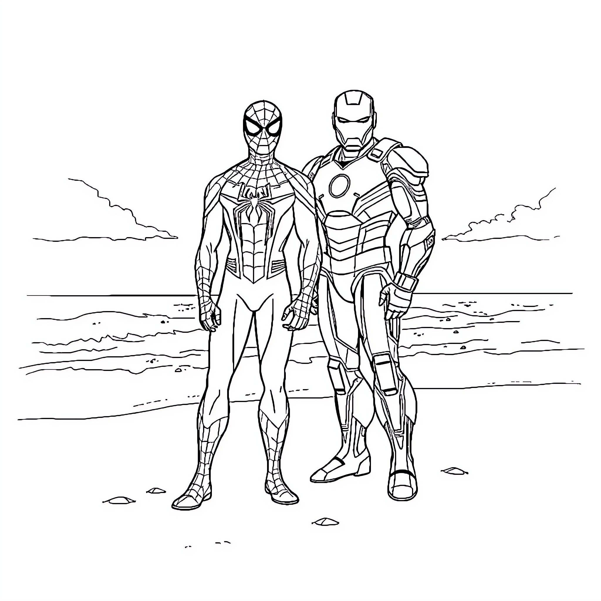 Spider-Man and Iron Man team up on the beach Coloring Page (free black-and-white line drawing printable PDF for all, from beginners to advanced learners, including children, teens, adults, and seniors)