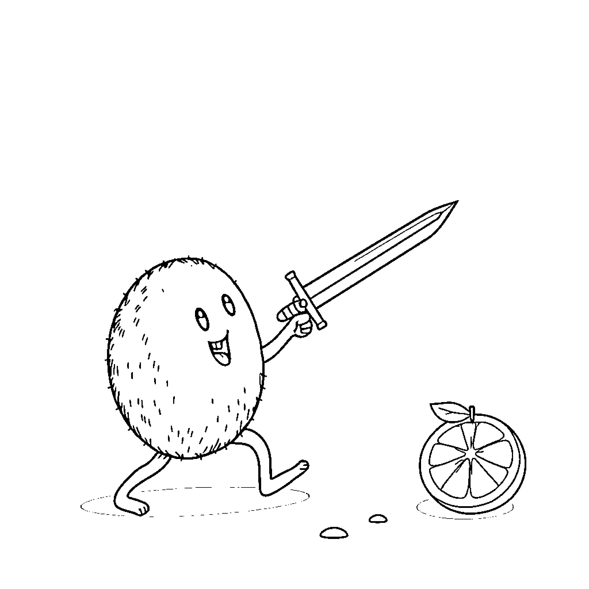 Kiwi creature playing with sword and citrus Coloring Page (free black-and-white line drawing printable PDF for all, from beginners to advanced learners, including children, teens, adults, and seniors)