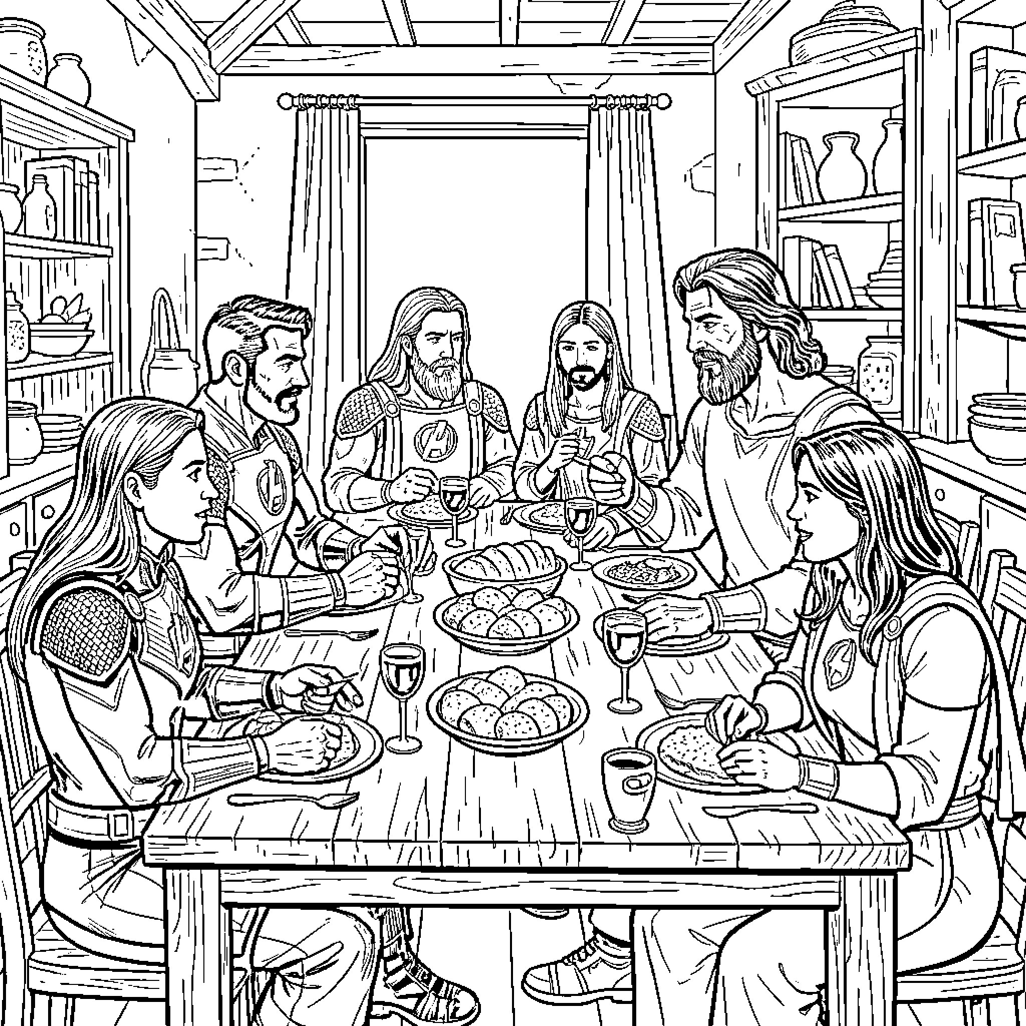 Avengers sharing a meal together around a table Coloring Page (free black-and-white line drawing printable PDF for all, from beginners to advanced learners, including children, teens, adults, and seniors)