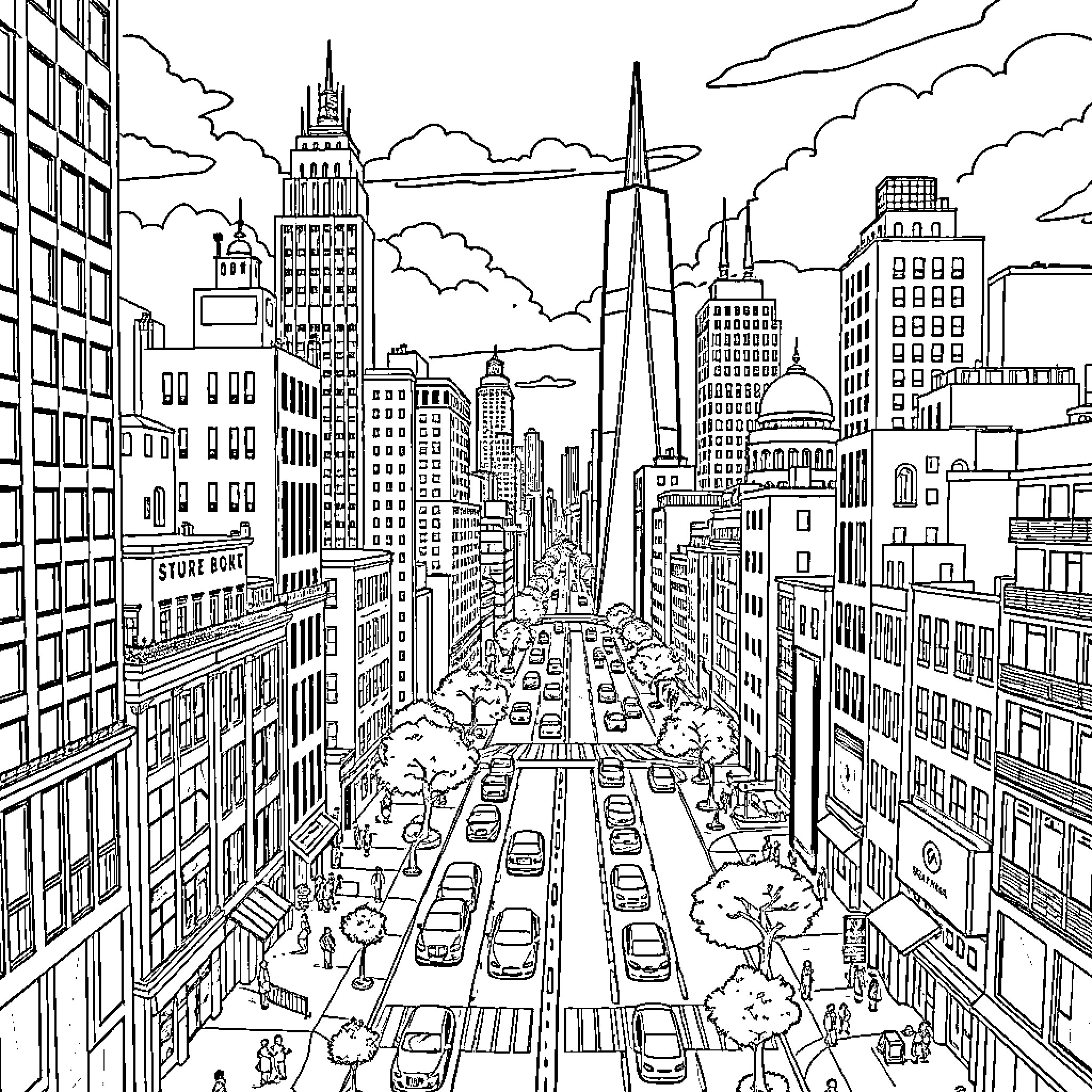 City of bustling activity and towering structures Coloring Page (free black-and-white line drawing printable PDF for all, from beginners to advanced learners, including children, teens, adults, and seniors)