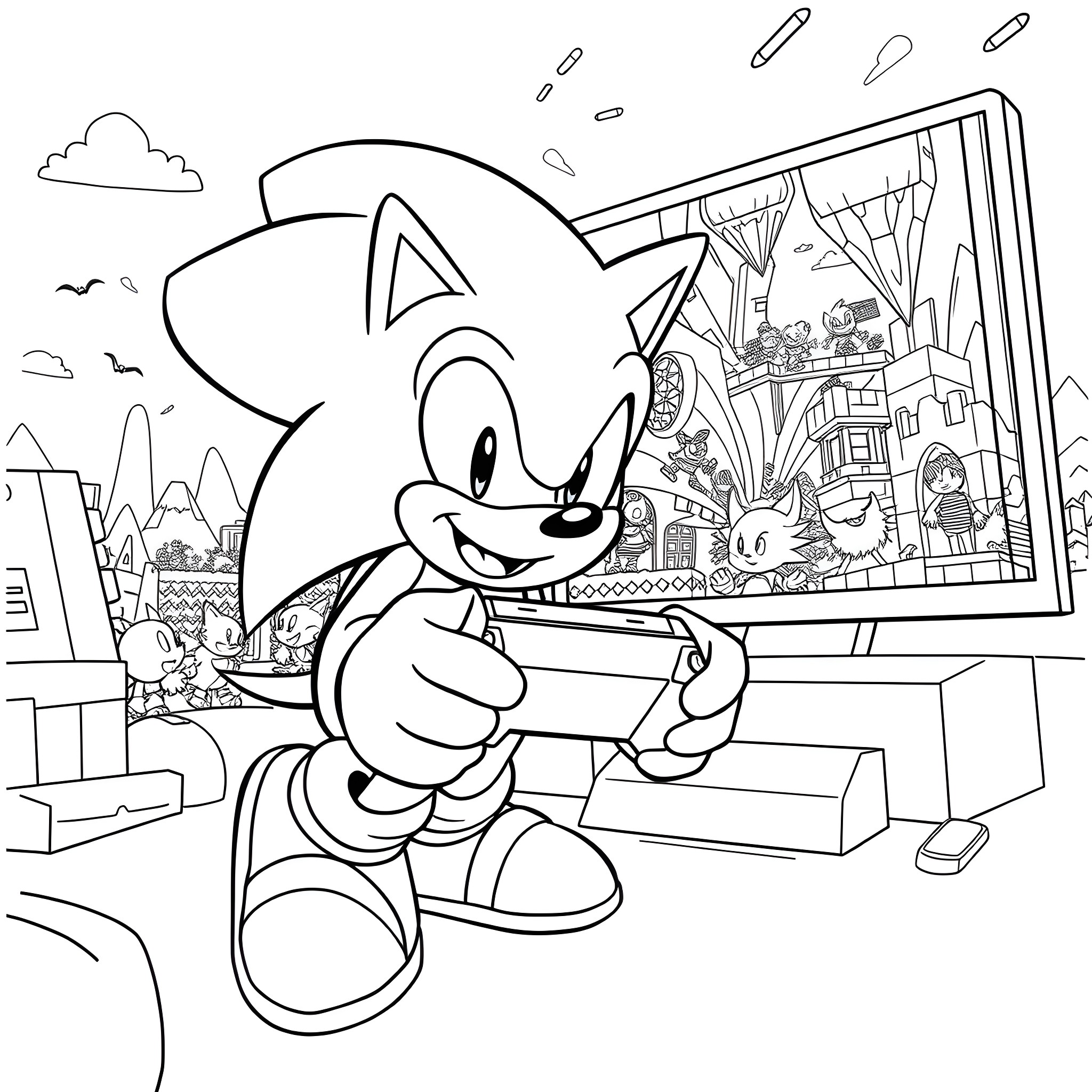 Sonic exploring a vibrant and playful scene Coloring Page (free black-and-white line drawing printable PDF for all, from beginners to advanced learners, including children, teens, adults, and seniors)