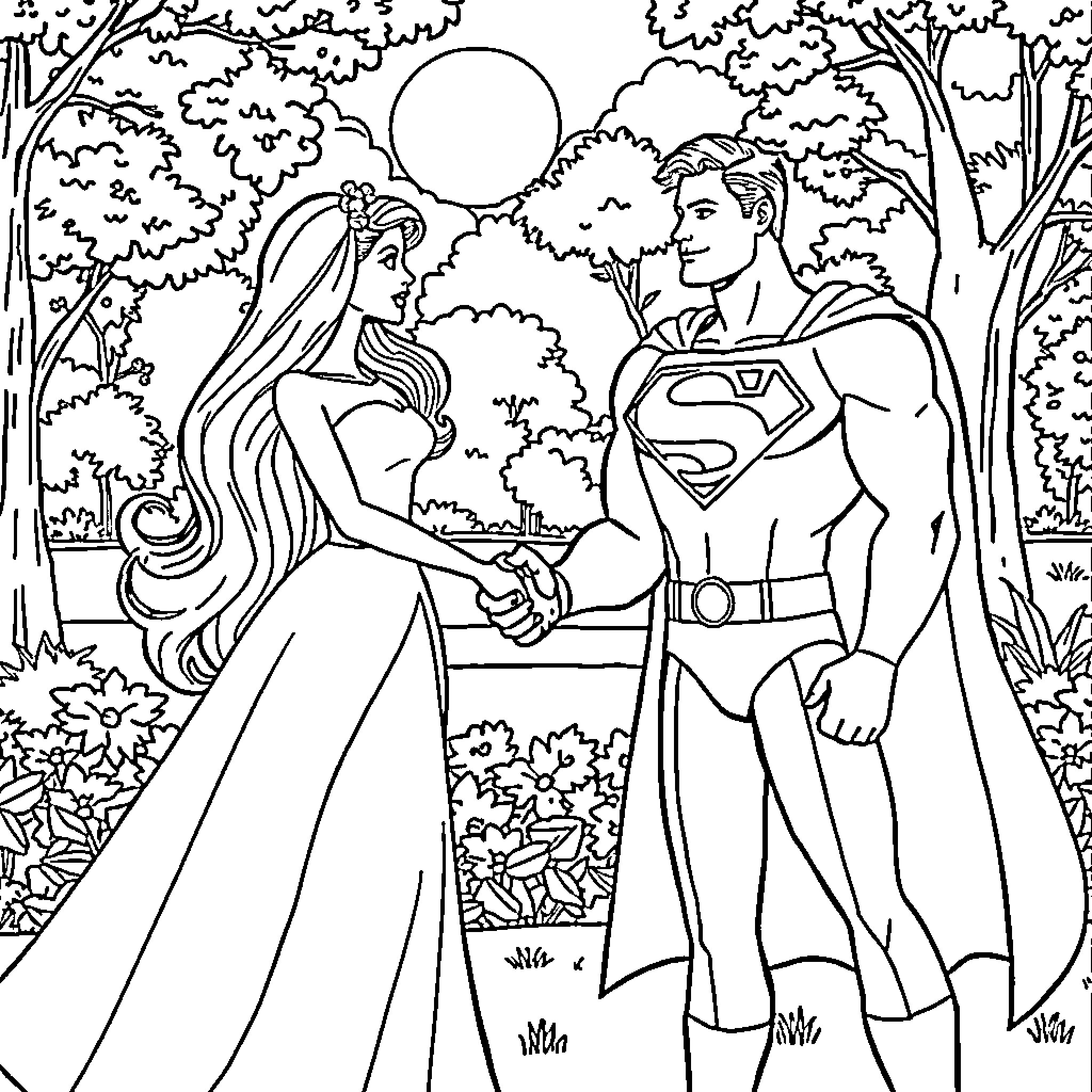 Barbie and Superman's romantic adventure in the forest Coloring Page (free black-and-white line drawing printable PDF for all, from beginners to advanced learners, including children, teens, adults, and seniors)