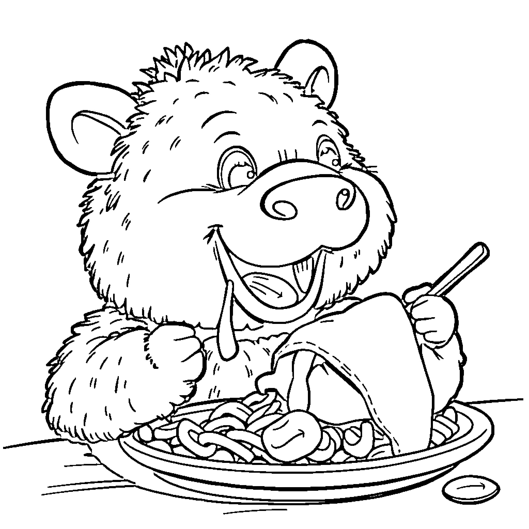 Labubu enjoys a hearty meal Coloring Page (free black-and-white line drawing printable PDF for all, from beginners to advanced learners, including children, teens, adults, and seniors)