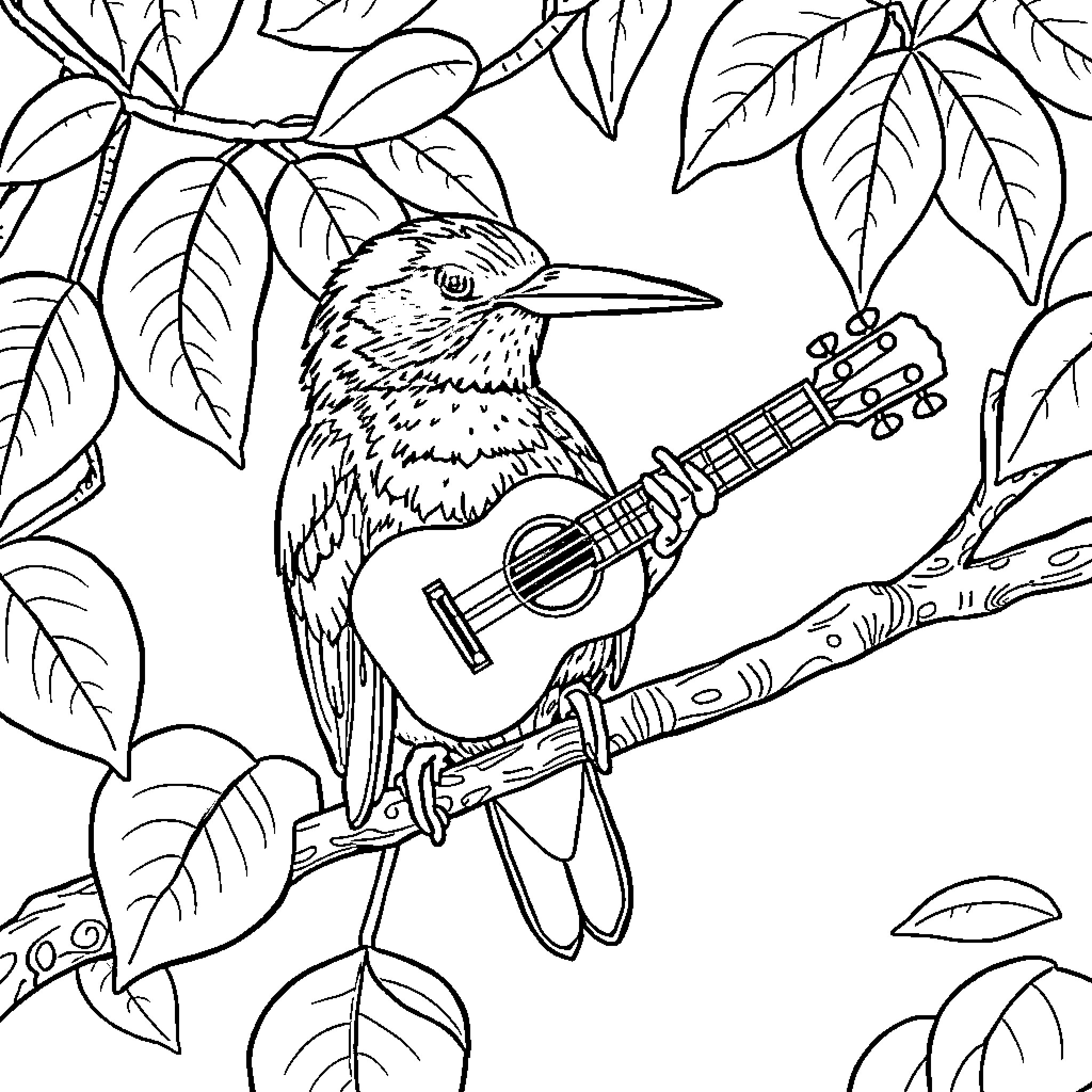 Bird playing a guitar in the jungle Coloring Page (free black-and-white line drawing printable PDF for all, from beginners to advanced learners, including children, teens, adults, and seniors)