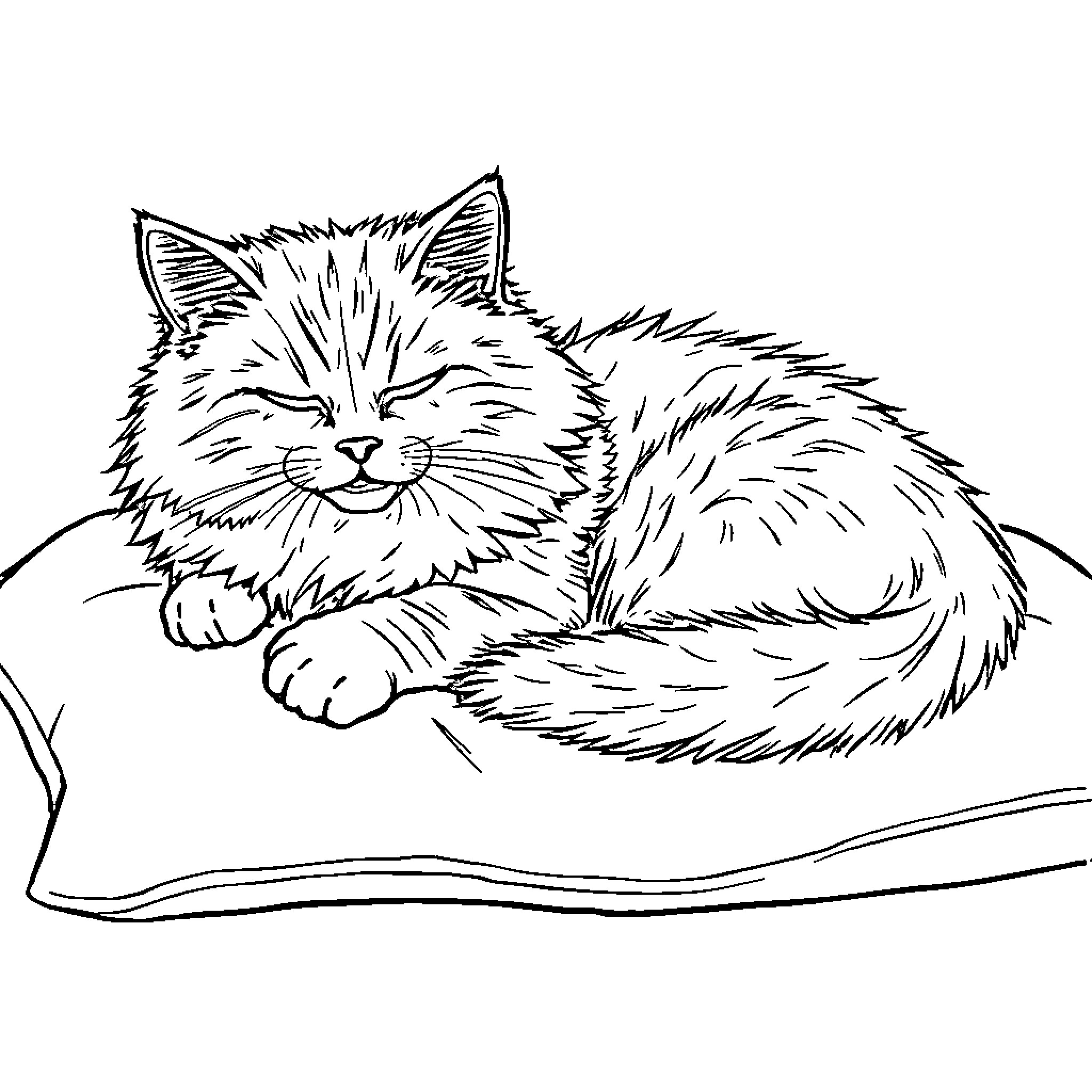 Cat resting peacefully on a soft surface Coloring Page (free black-and-white line drawing printable PDF for all, from beginners to advanced learners, including children, teens, adults, and seniors)