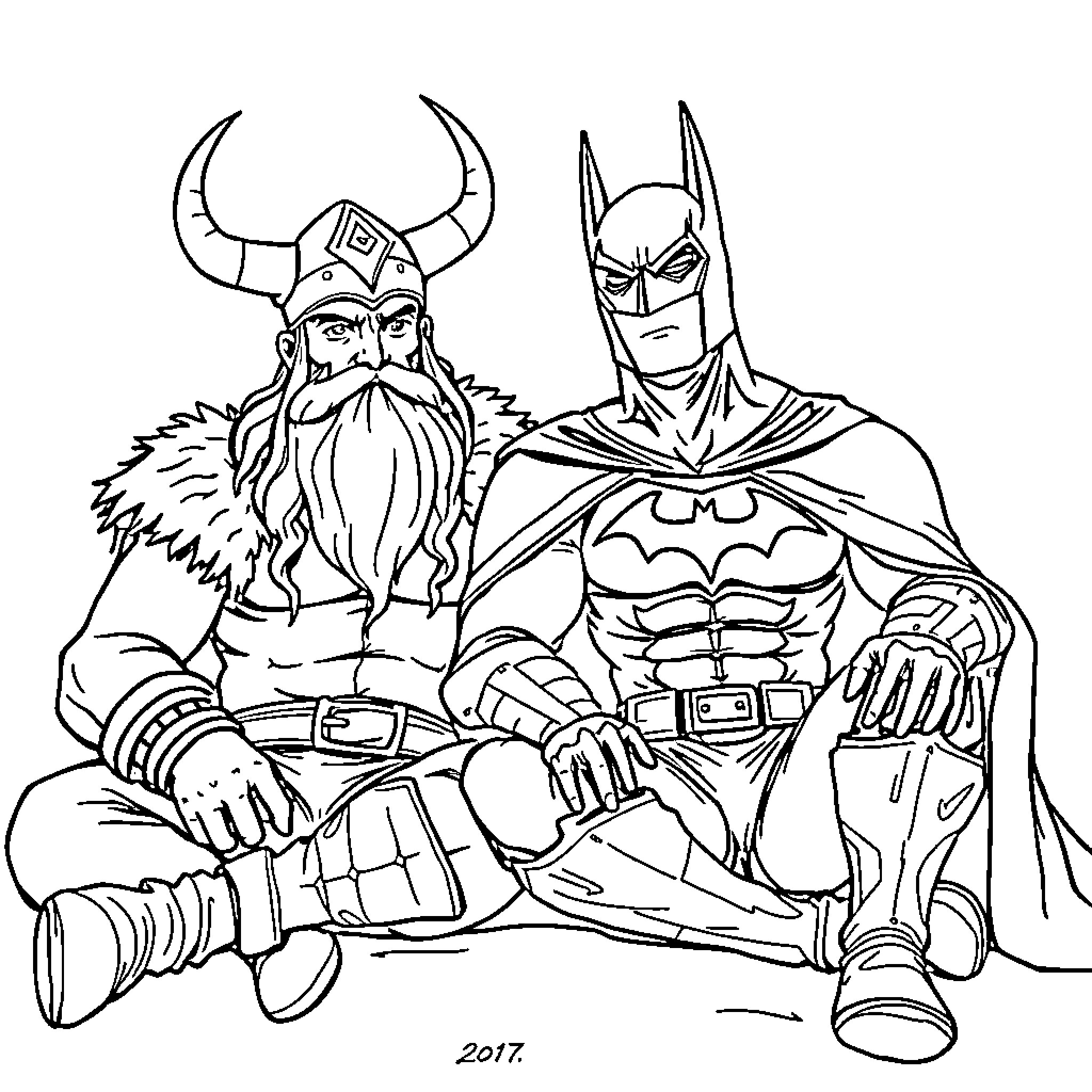Viking Warriors and Caped Crusader in Combat Coloring Page (free black-and-white line drawing printable PDF for all, from beginners to advanced learners, including children, teens, adults, and seniors)