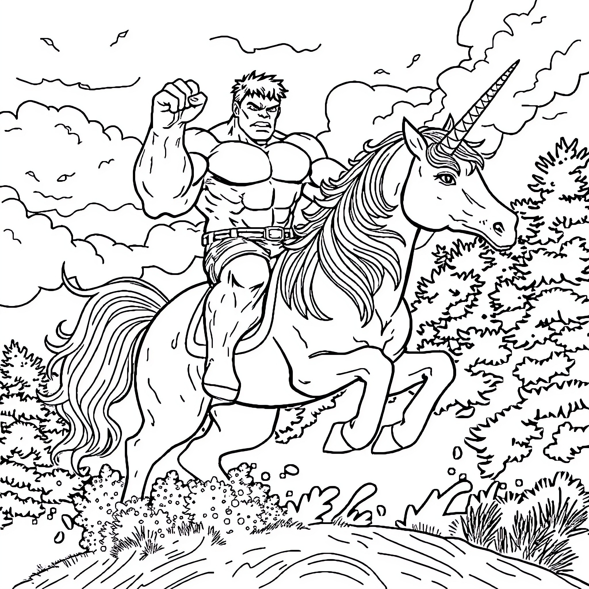 Hulk riding a unicorn through a fantasy landscape Coloring Page (free black-and-white line drawing printable PDF for all, from beginners to advanced learners, including children, teens, adults, and seniors)