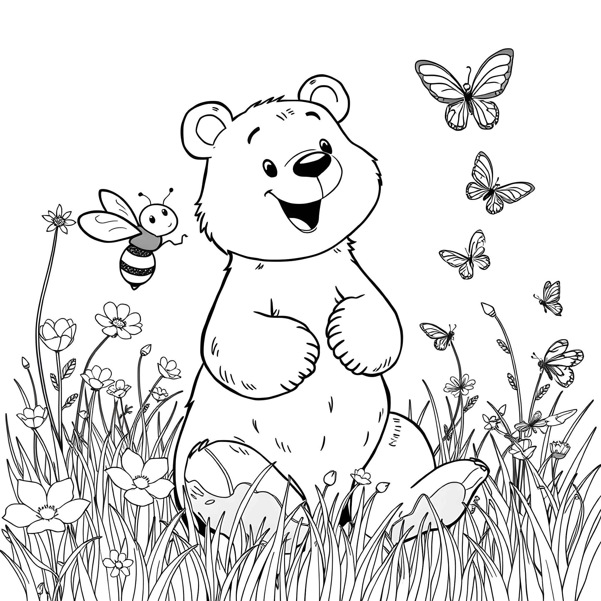 Bee and Smiling Bear in Flower Field Coloring Page (free black-and-white line drawing printable PDF for all, from beginners to advanced learners, including children, teens, adults, and seniors)