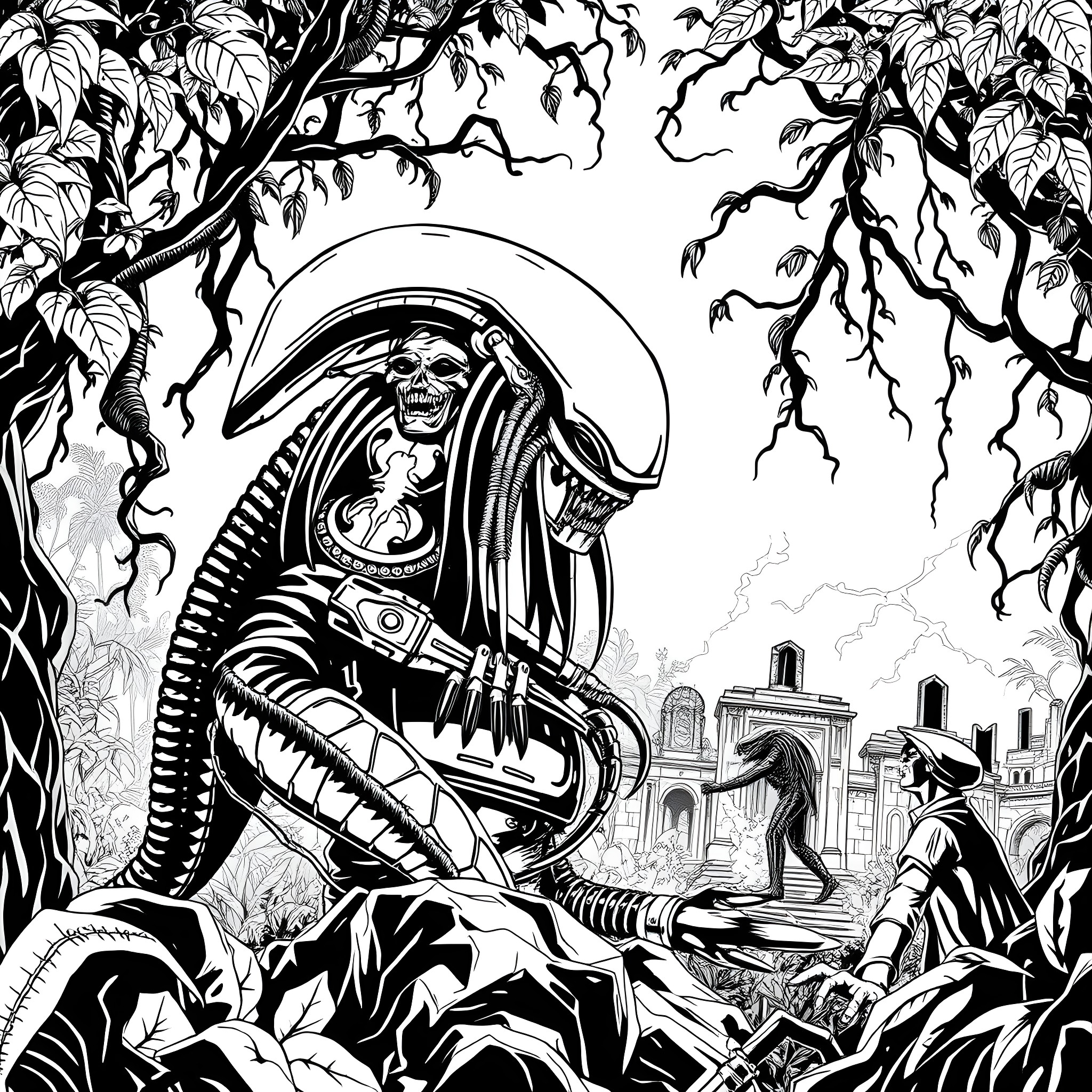 Alien Invasion in Spooky Overgrown Ruins Coloring Page (free black-and-white line drawing printable PDF for all, from beginners to advanced learners, including children, teens, adults, and seniors)