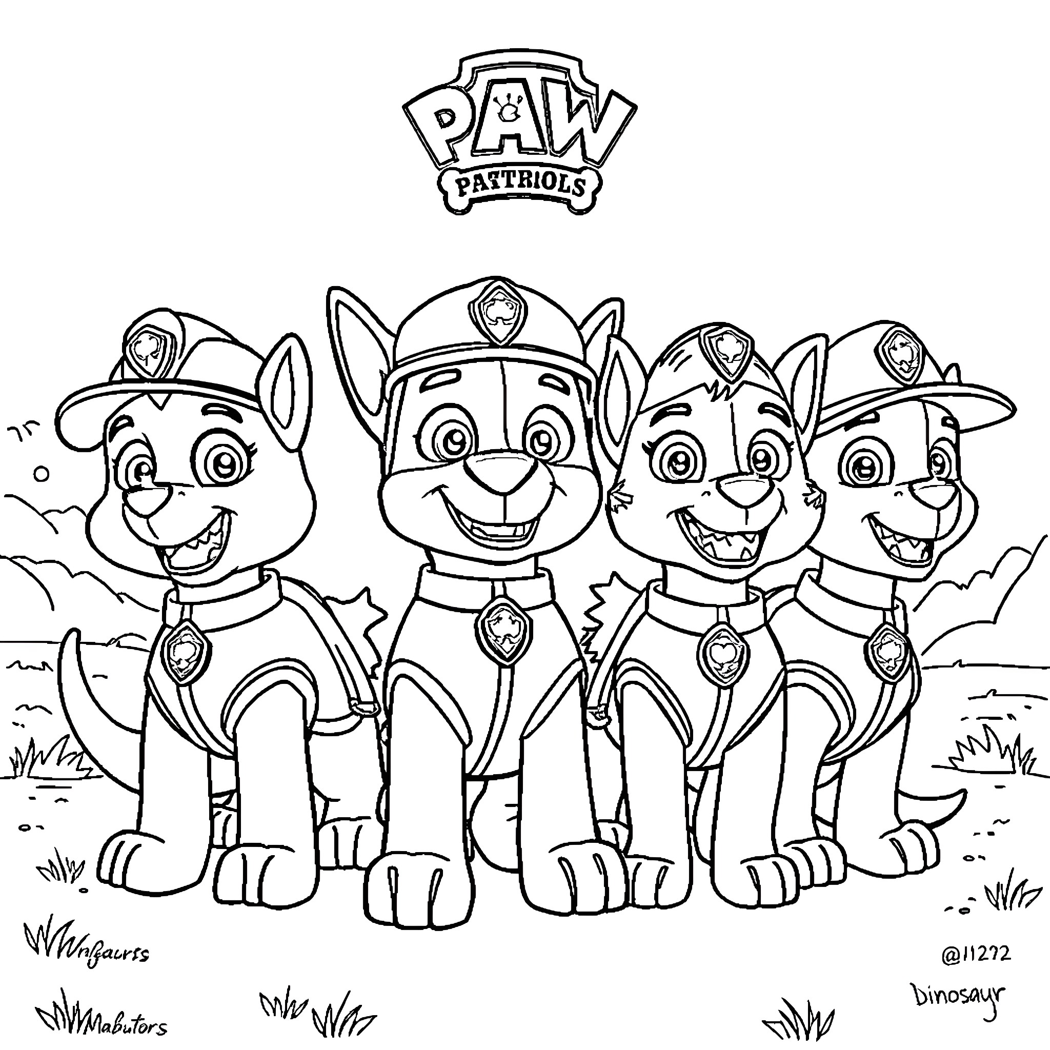Dinosaur Patrol Team Smiling and Standing Together Coloring Page (free black-and-white line drawing printable PDF for all, from beginners to advanced learners, including children, teens, adults, and seniors)