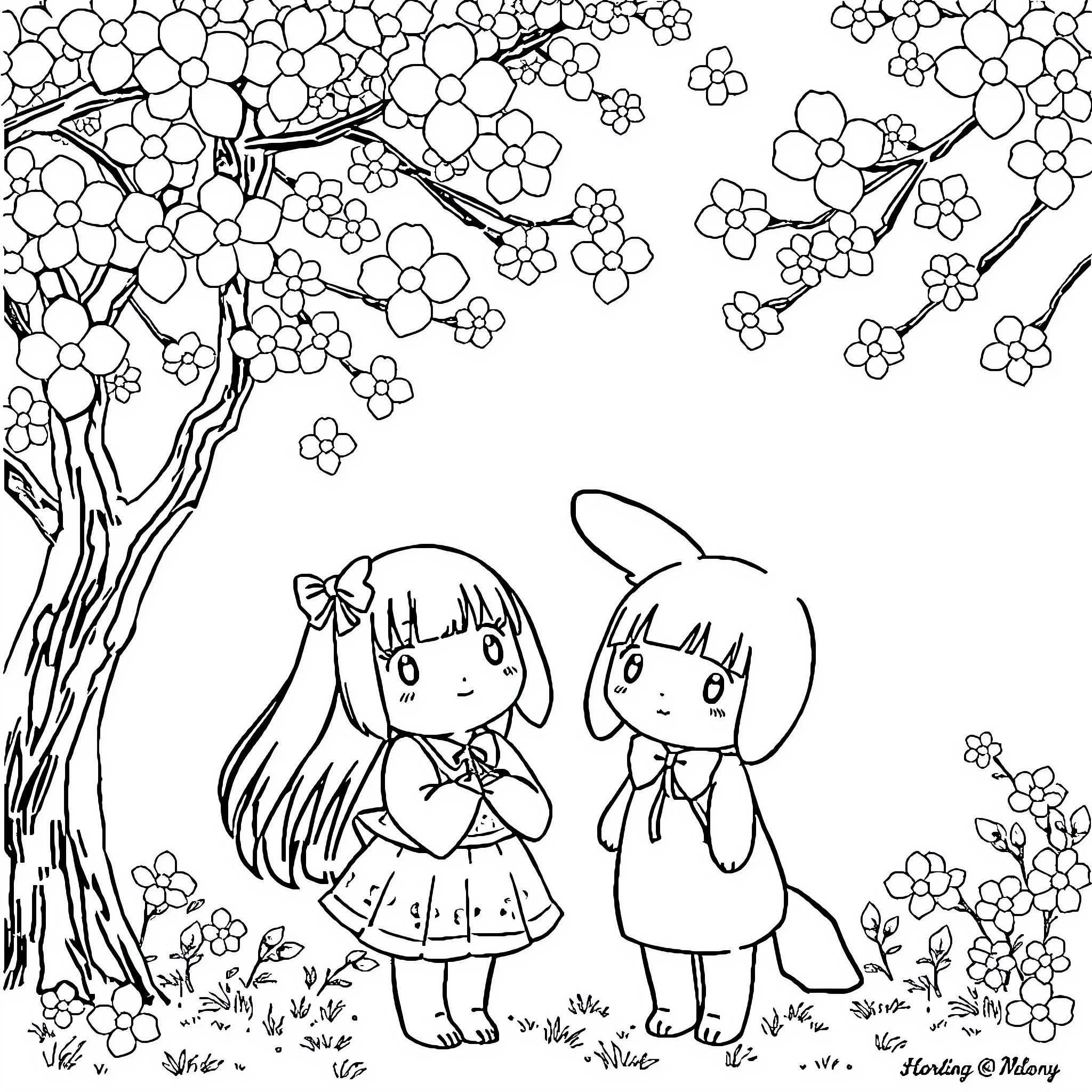Kuromi and friend enjoying nature's beauty Coloring Page (free black-and-white line drawing printable PDF for all, from beginners to advanced learners, including children, teens, adults, and seniors)