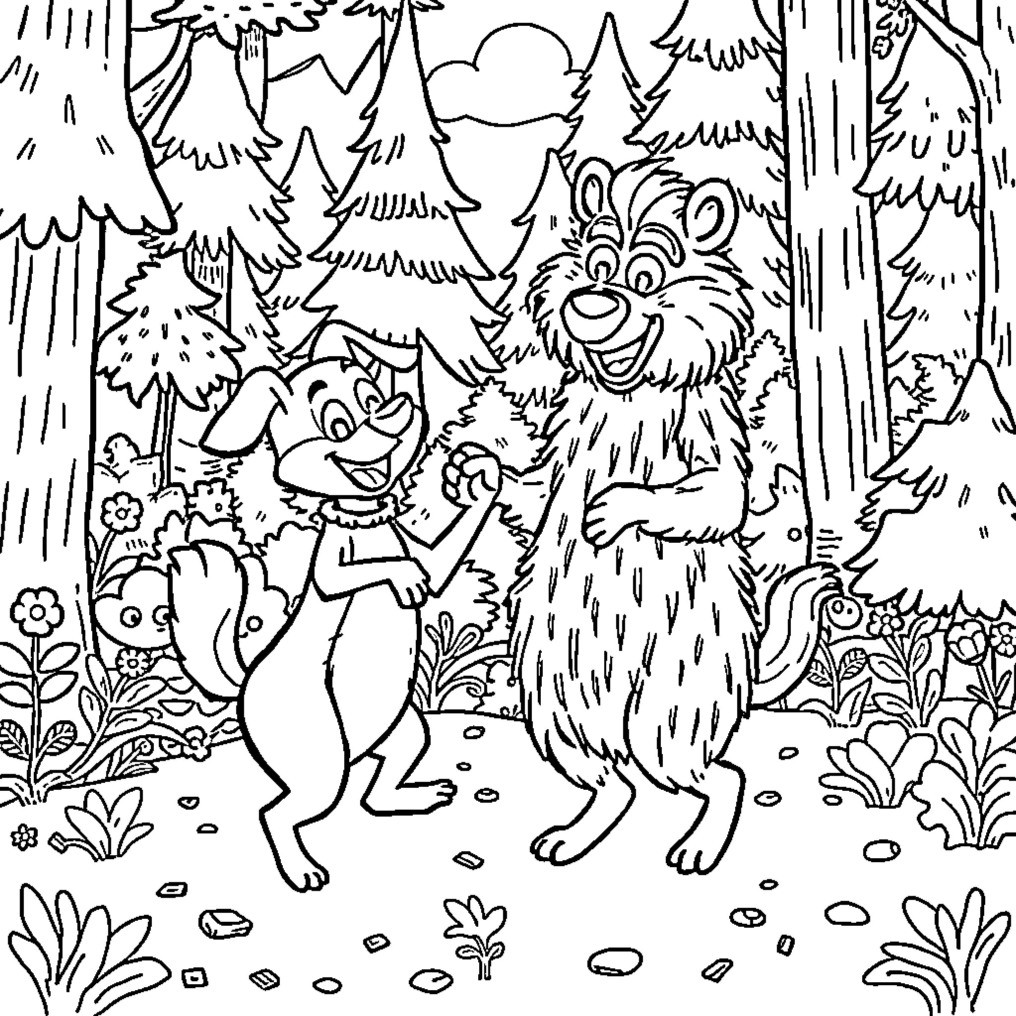 Bluey and Bingo's Woodland Adventure Coloring Page (free black-and-white line drawing printable PDF for all, from beginners to advanced learners, including children, teens, adults, and seniors)