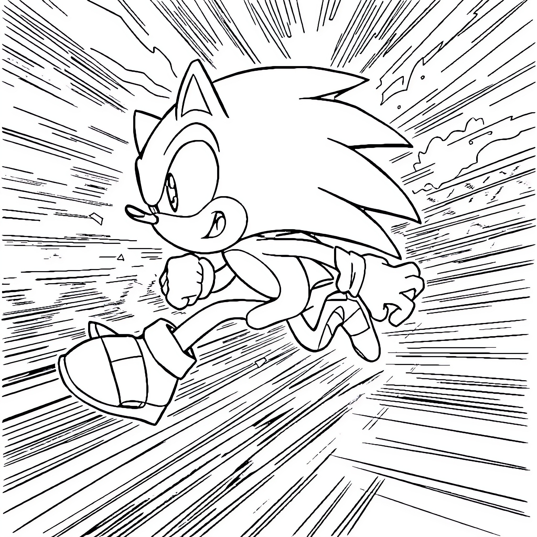Sonic racing speedily through the scene Coloring Page (free black-and-white line drawing printable PDF for all, from beginners to advanced learners, including children, teens, adults, and seniors)