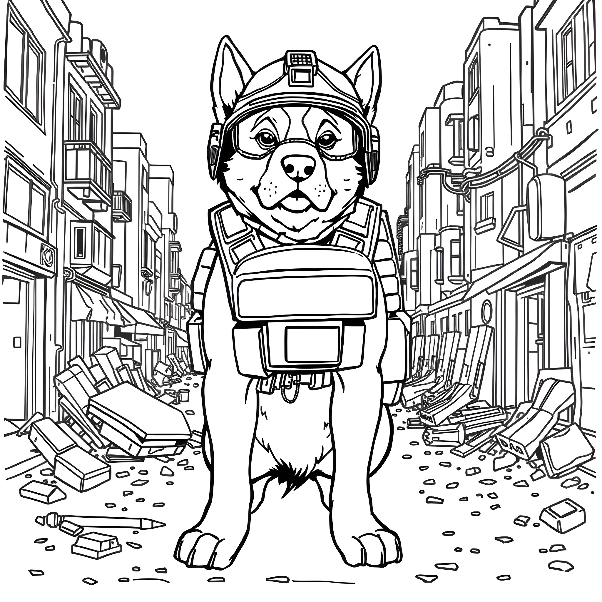 Dog hero with backpack exploring city ruins Coloring Page (free black-and-white line drawing printable PDF for all, from beginners to advanced learners, including children, teens, adults, and seniors)