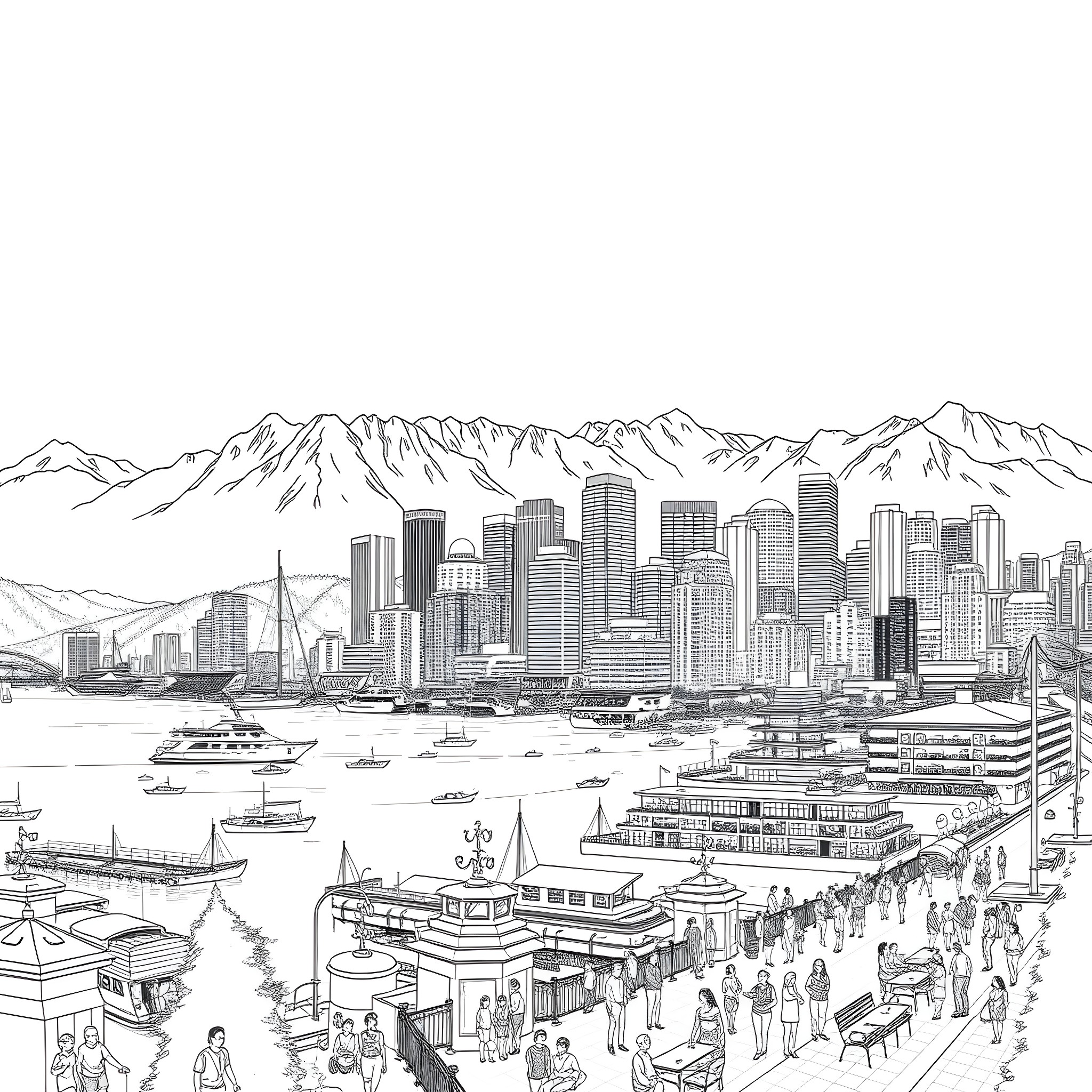 Vancouver cityscape with mountain backdrop and waterfront activity Coloring Page (free black-and-white line drawing printable PDF for all, from beginners to advanced learners, including children, teens, adults, and seniors)