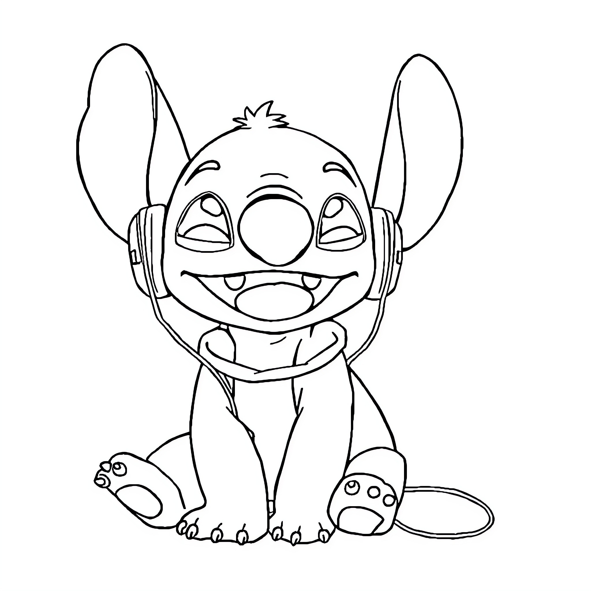 Kitten wearing headphones and smiling Coloring Page (free black-and-white line drawing printable PDF for all, from beginners to advanced learners, including children, teens, adults, and seniors)