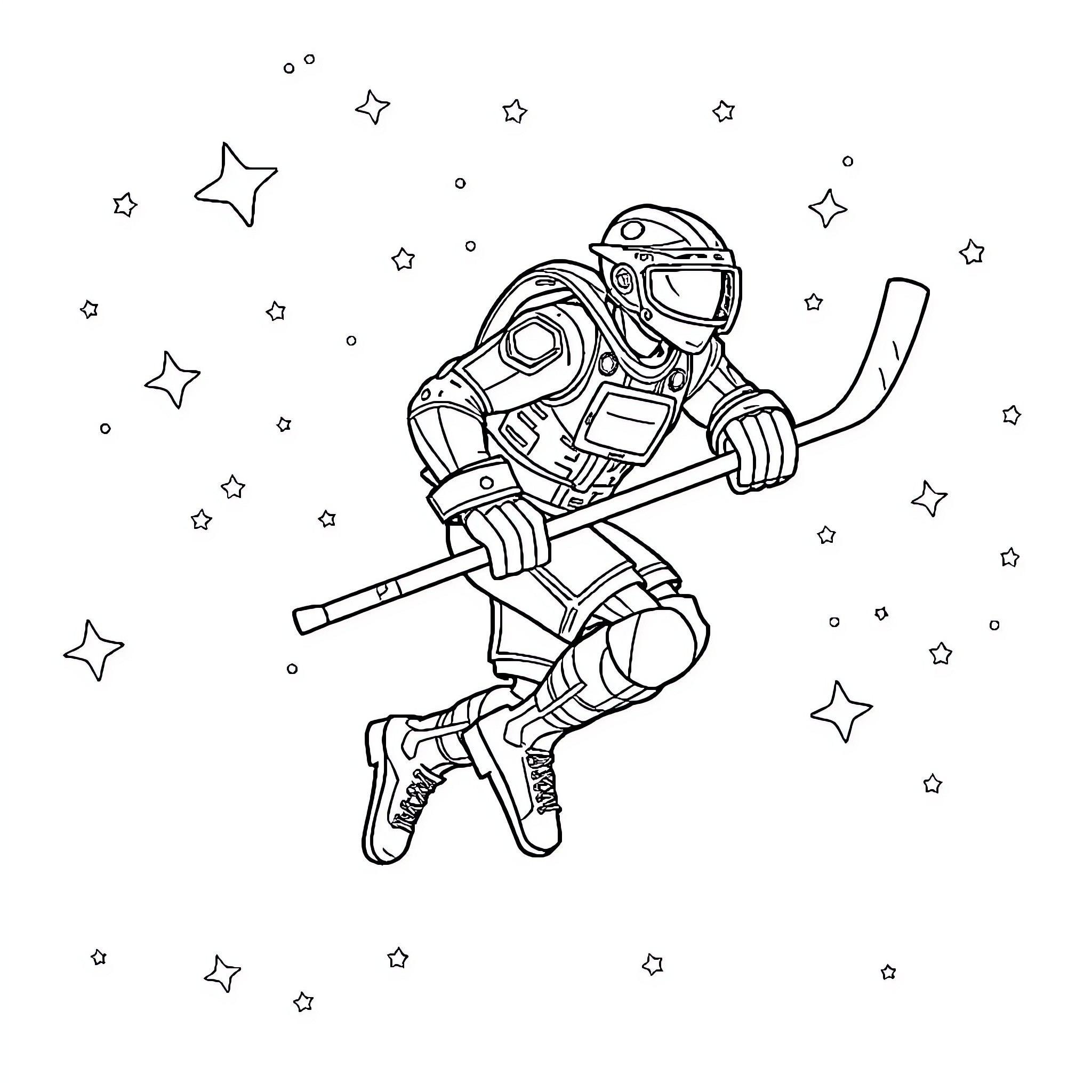 Hockey Player in Cosmic Space Adventure Coloring Page (free black-and-white line drawing printable PDF for all, from beginners to advanced learners, including children, teens, adults, and seniors)