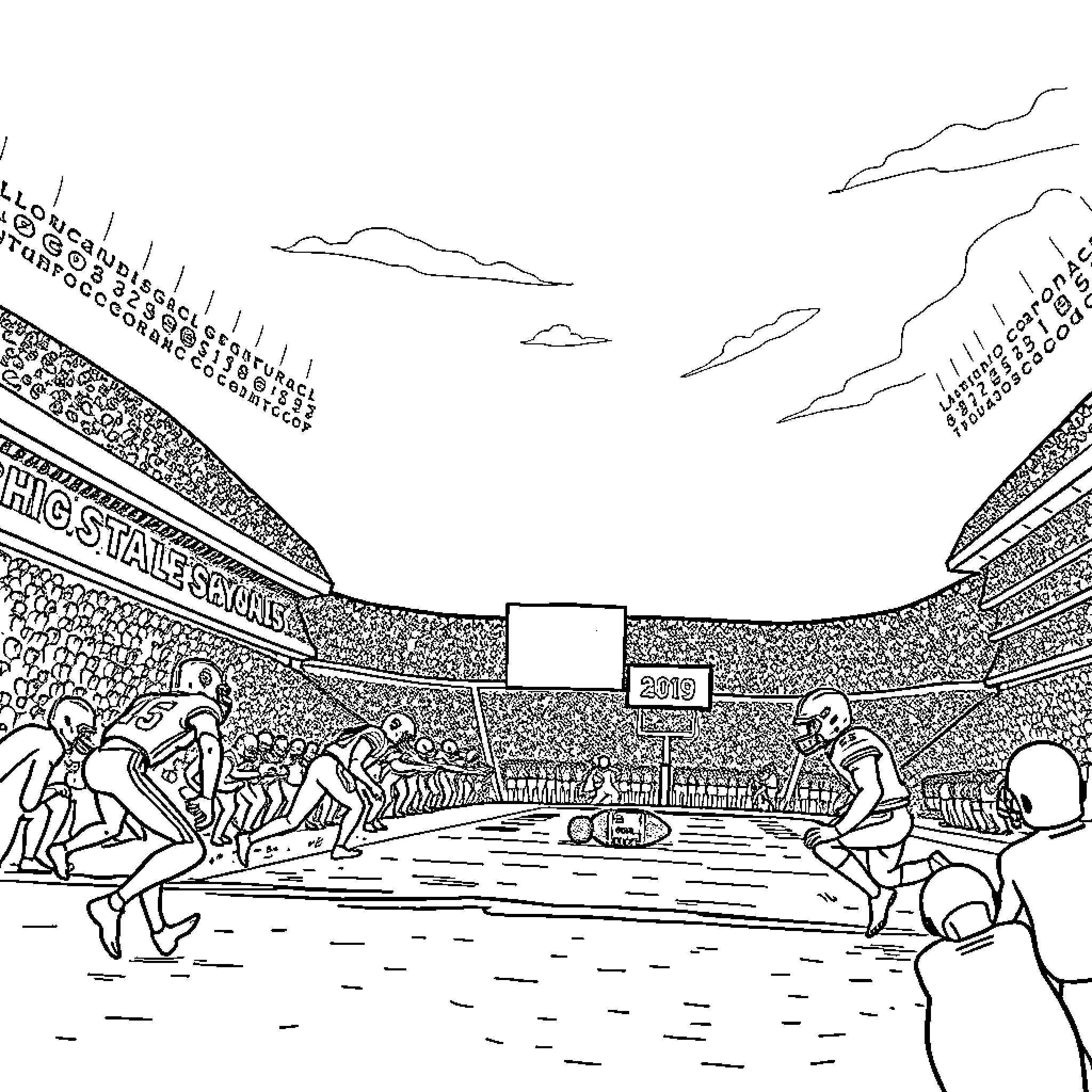 Ohio State Athletes Competing in Stadium Sports Event Coloring Page (free black-and-white line drawing printable PDF for all, from beginners to advanced learners, including children, teens, adults, and seniors)