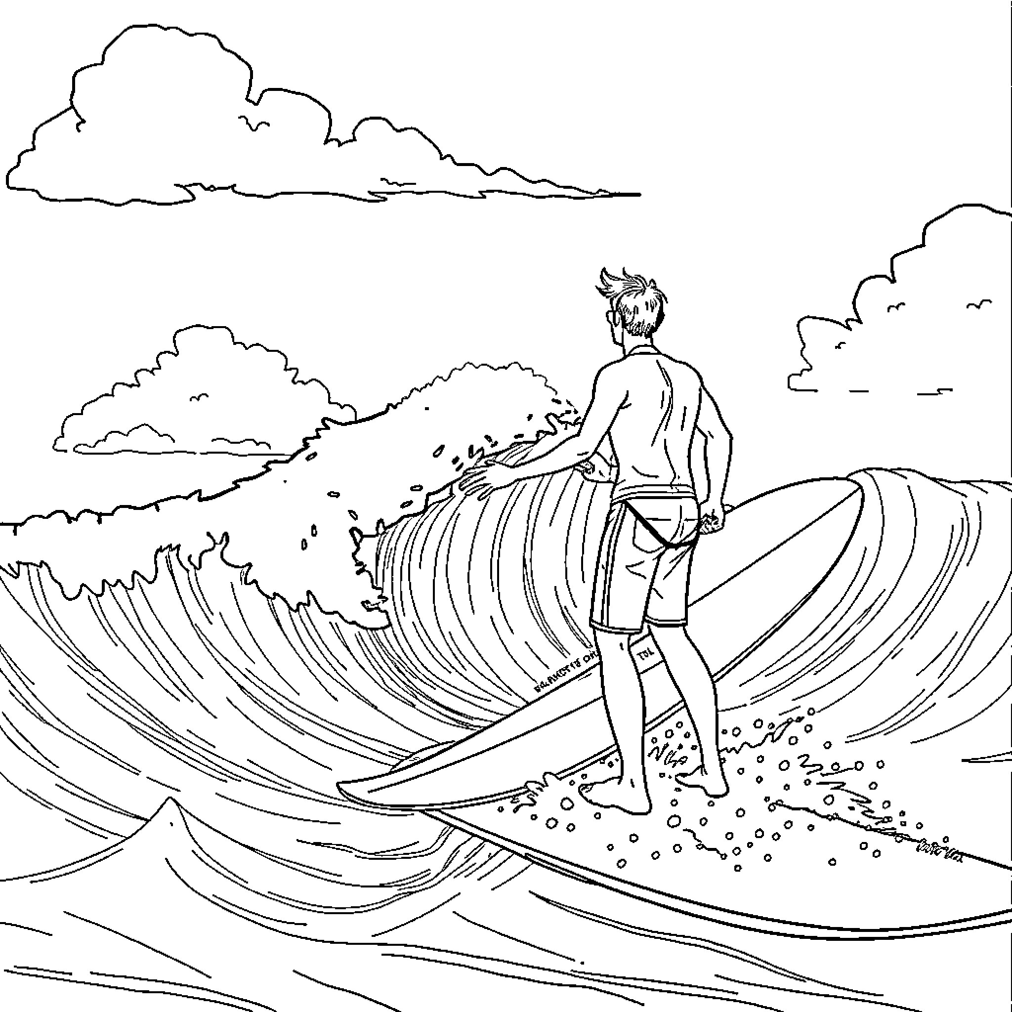 Surfer riding large wave with enthusiasm Coloring Page (free black-and-white line drawing printable PDF for all, from beginners to advanced learners, including children, teens, adults, and seniors)