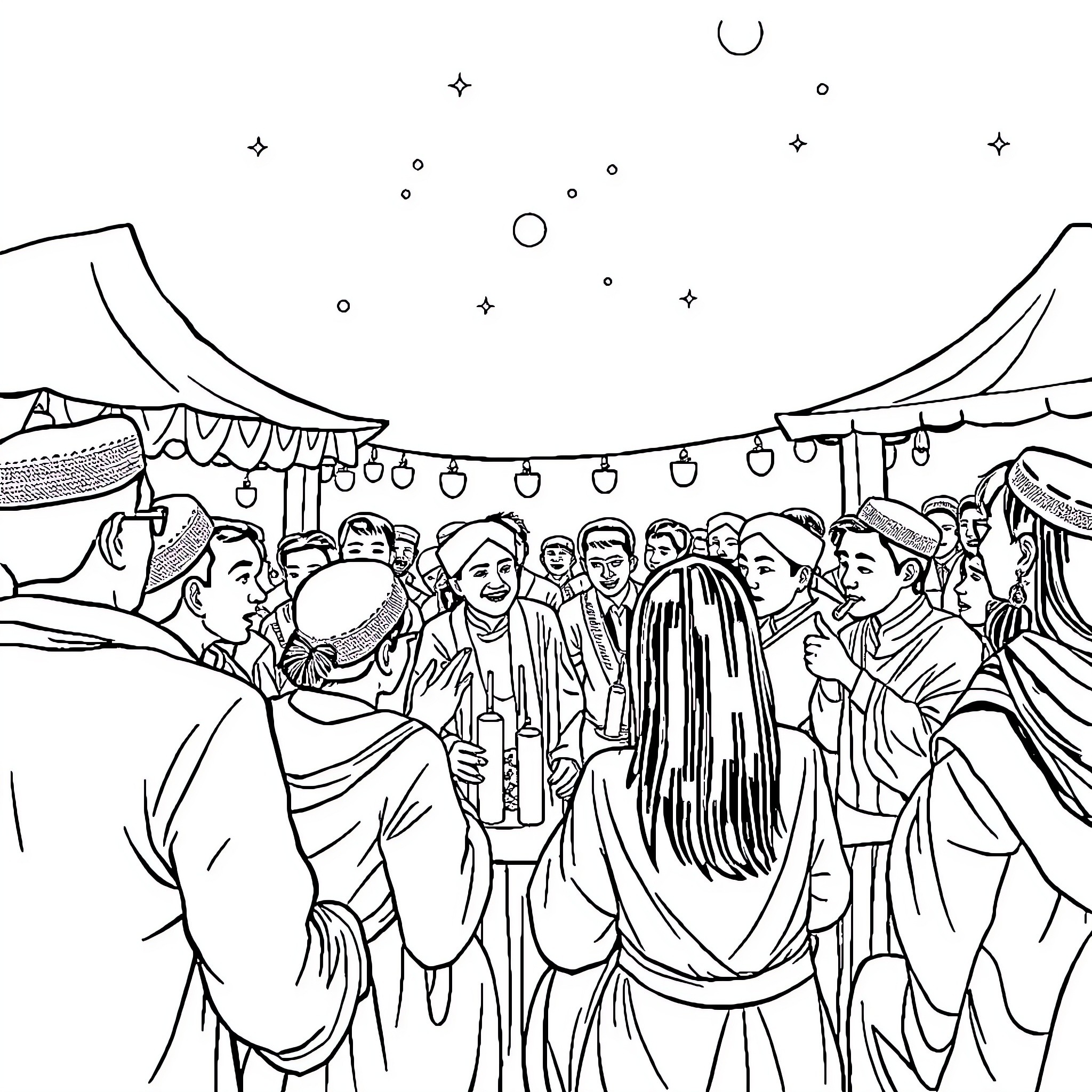 Tung Festival Celebration in the Night Coloring Page (free black-and-white line drawing printable PDF for all, from beginners to advanced learners, including children, teens, adults, and seniors)
