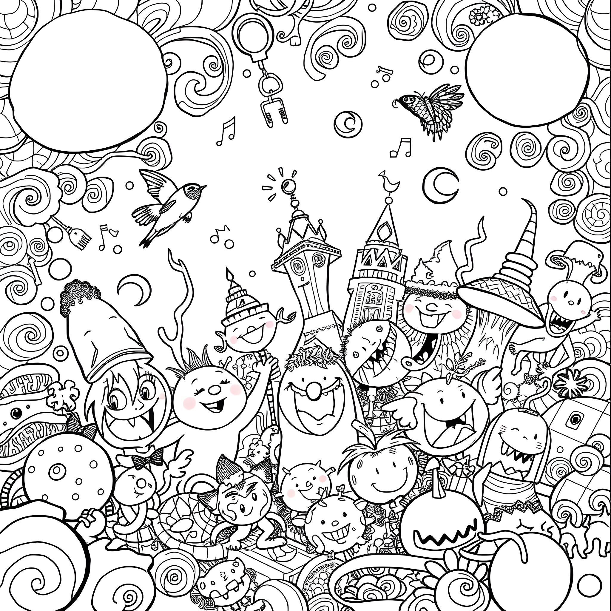 Enchanting Expressions: Fantastical Friends in Whimsical Wonderland Coloring Page (free black-and-white line drawing printable PDF for all, from beginners to advanced learners, including children, teens, adults, and seniors)