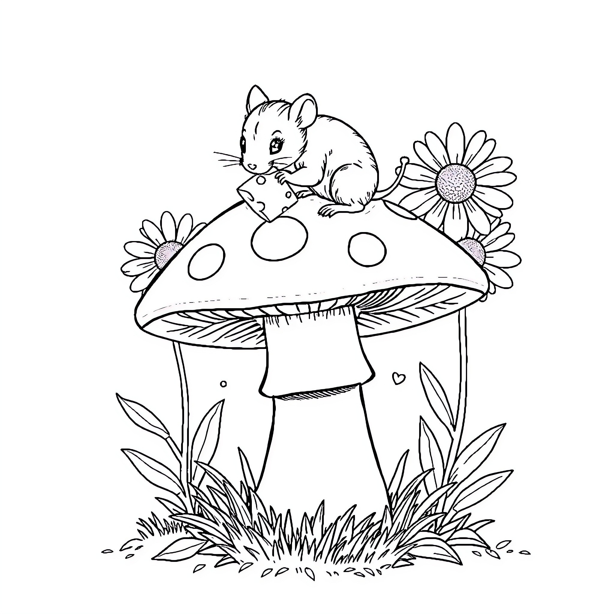 Mouse playing on a mushroom with flowers Coloring Page (free black-and-white line drawing printable PDF for all, from beginners to advanced learners, including children, teens, adults, and seniors)