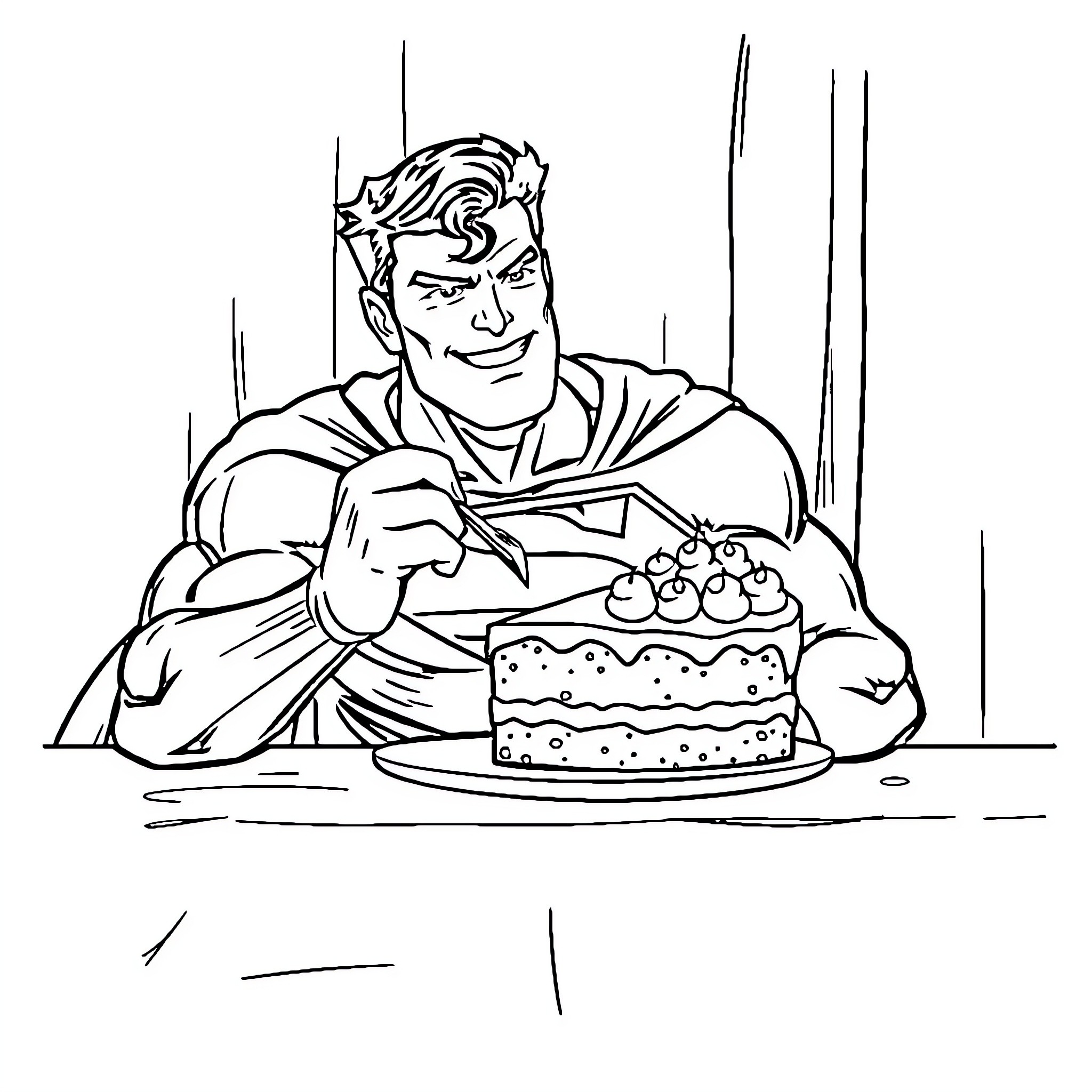 Superman enjoying a delicious cake Coloring Page (free black-and-white line drawing printable PDF for all, from beginners to advanced learners, including children, teens, adults, and seniors)