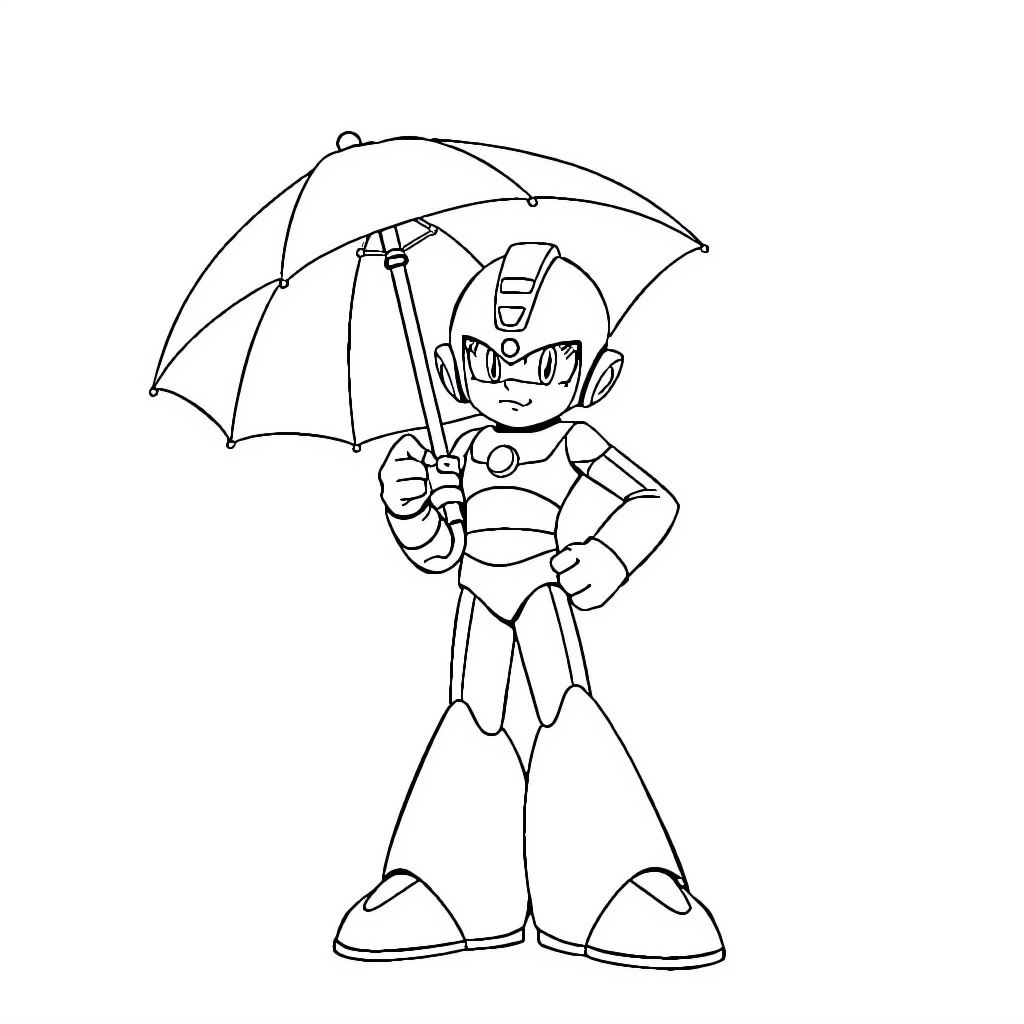 Megaman Sheltering from the Storm with Umbrella Coloring Page (free black-and-white line drawing printable PDF for all, from beginners to advanced learners, including children, teens, adults, and seniors)