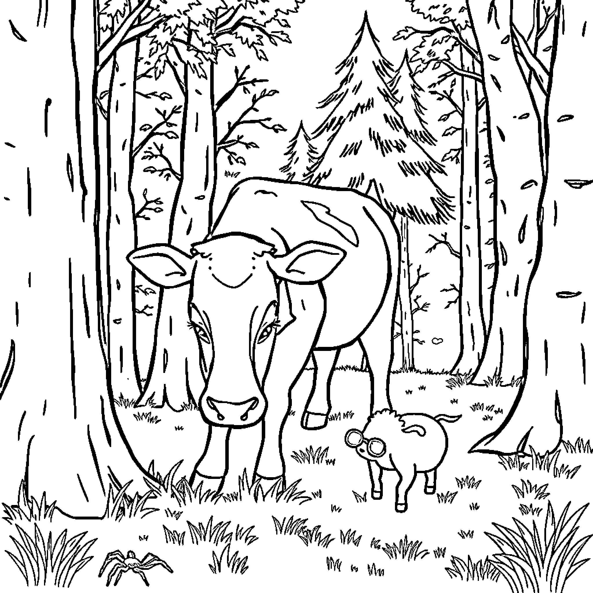 Cow exploring the tranquil forest scene Coloring Page (free black-and-white line drawing printable PDF for all, from beginners to advanced learners, including children, teens, adults, and seniors)