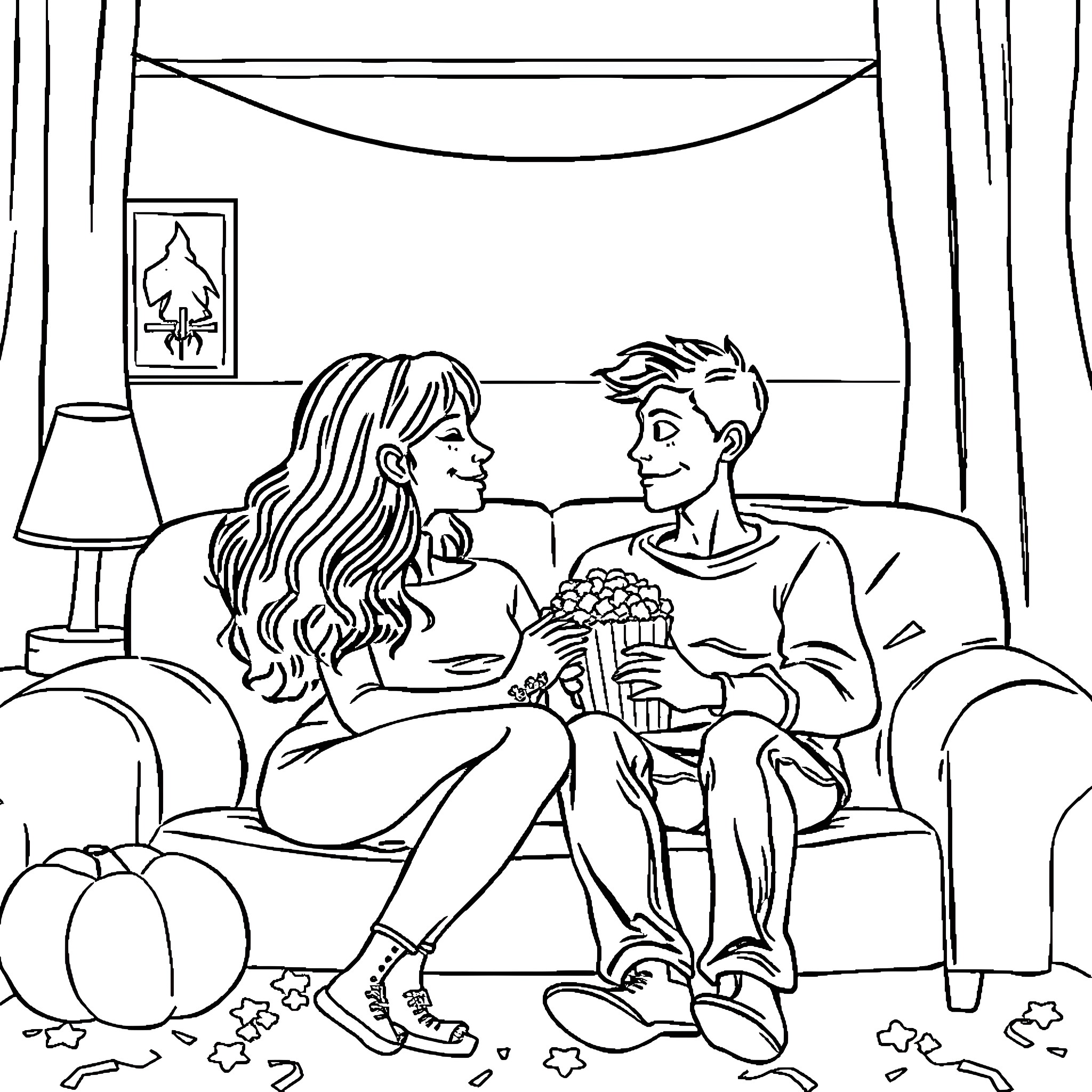 Couple enjoying movie night at home Coloring Page (free black-and-white line drawing printable PDF for all, from beginners to advanced learners, including children, teens, adults, and seniors)