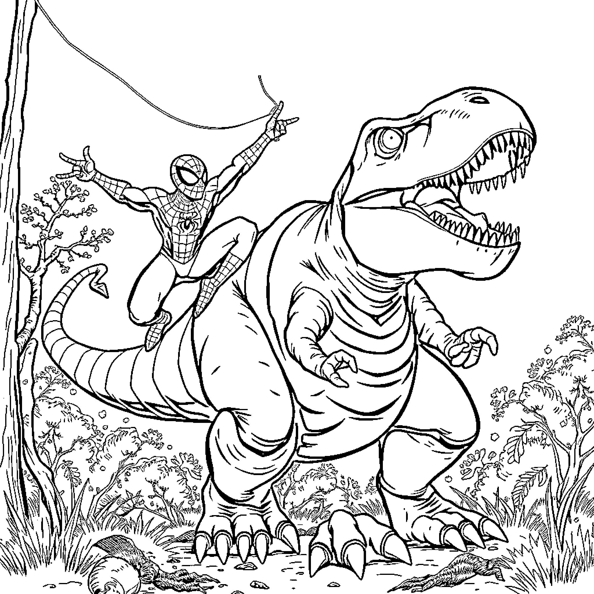 Spider-Man battling a ferocious dinosaur in the wilderness Coloring Page (free black-and-white line drawing printable PDF for all, from beginners to advanced learners, including children, teens, adults, and seniors)