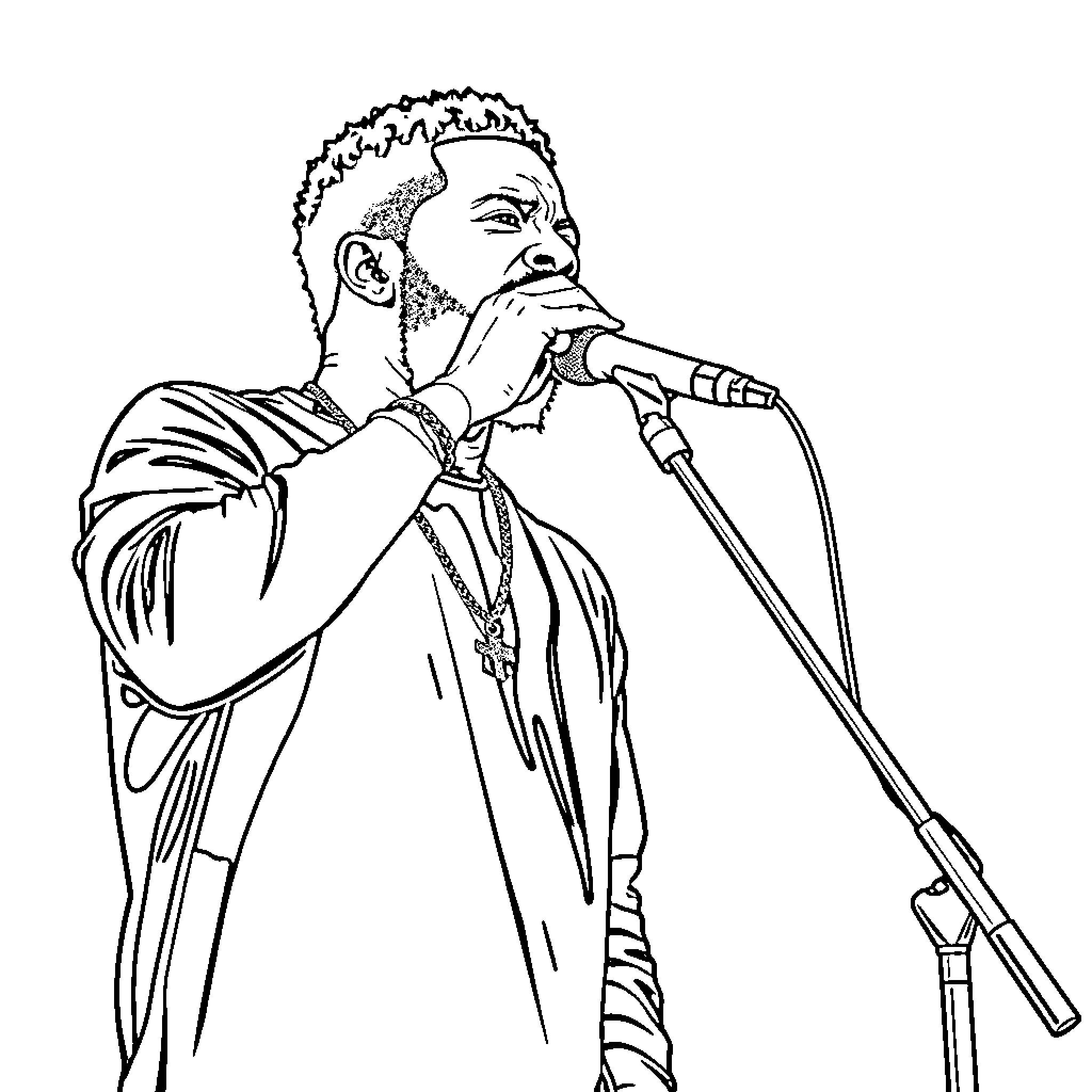 J Cole performing on stage with microphone Coloring Page (free black-and-white line drawing printable PDF for all, from beginners to advanced learners, including children, teens, adults, and seniors)