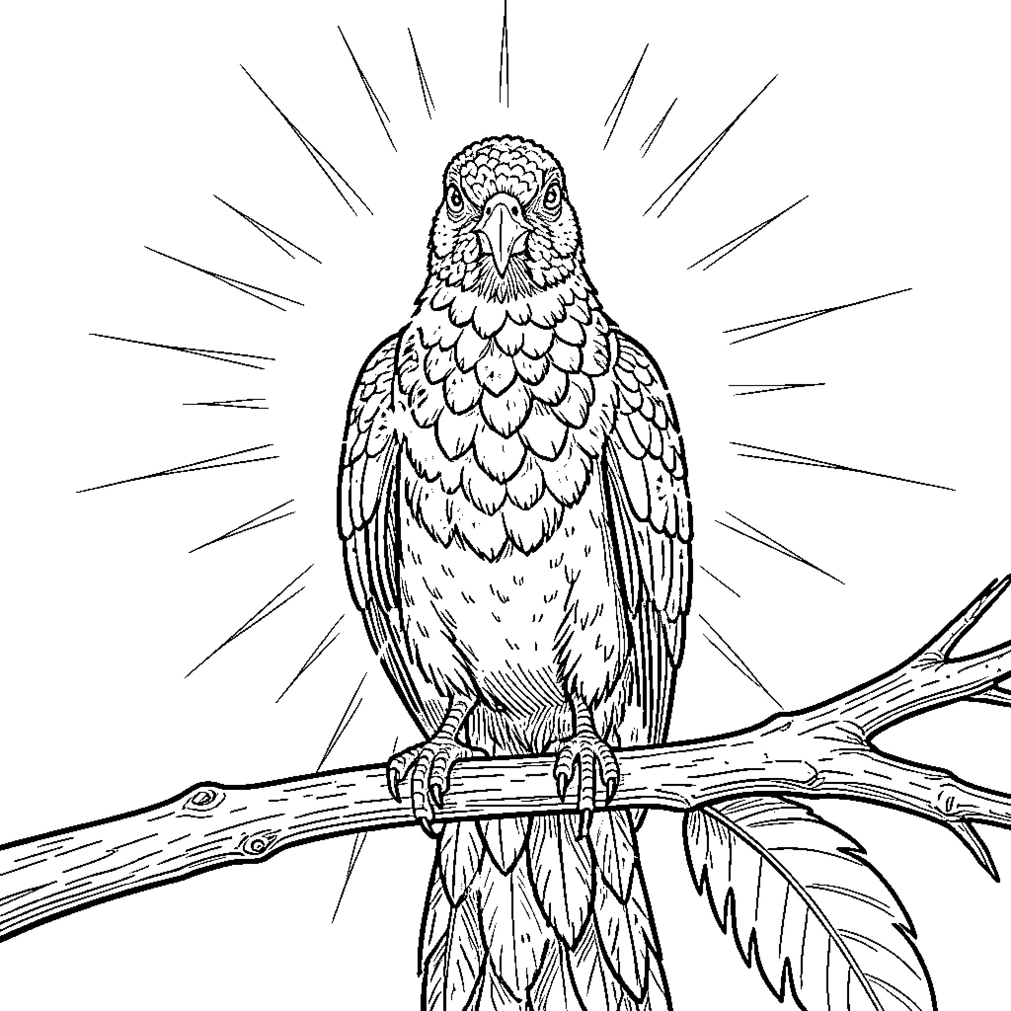 Quetzal bird perched majestically on a branch Coloring Page (free black-and-white line drawing printable PDF for all, from beginners to advanced learners, including children, teens, adults, and seniors)