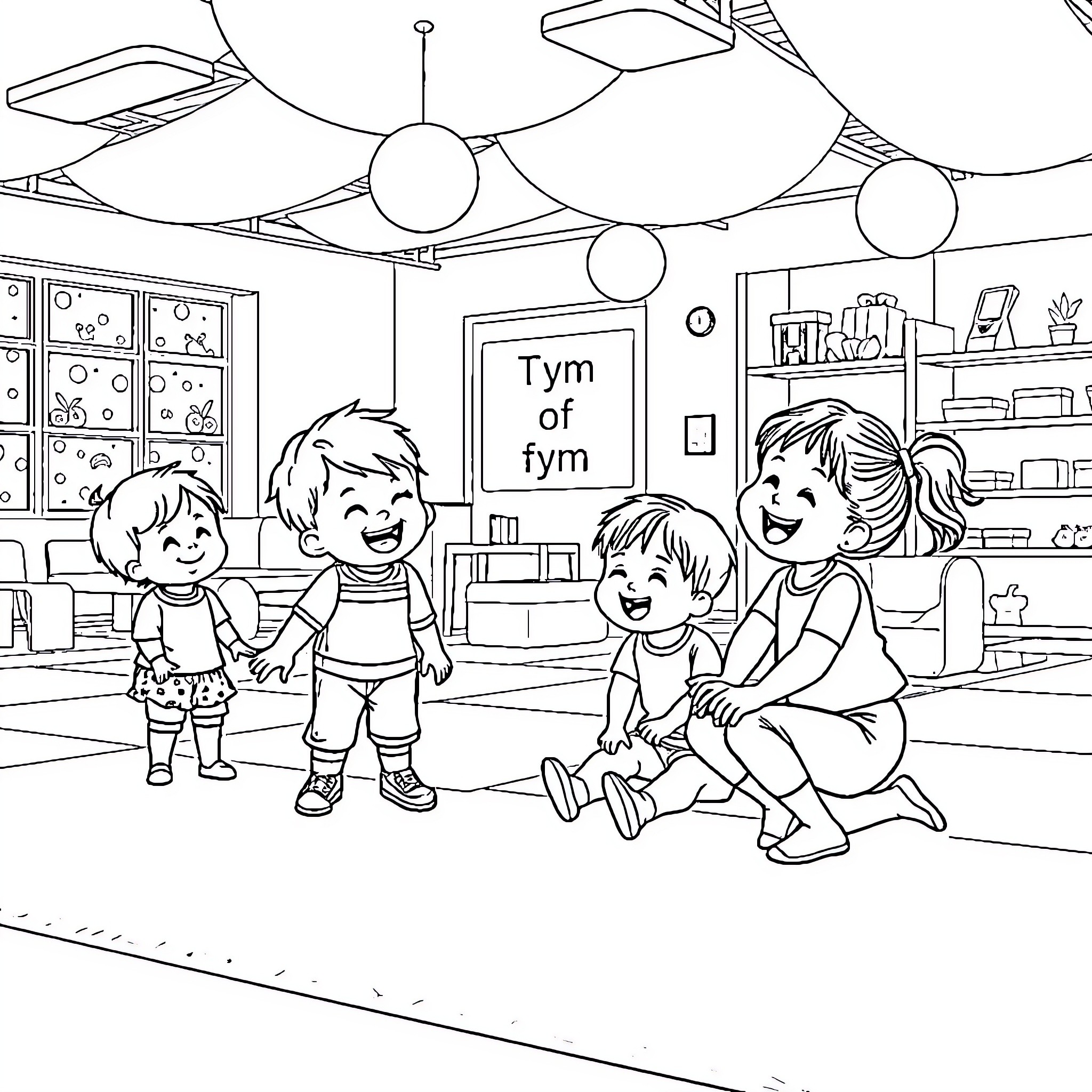 Preschool children playing and learning in classroom Coloring Page (free black-and-white line drawing printable PDF for all, from beginners to advanced learners, including children, teens, adults, and seniors)