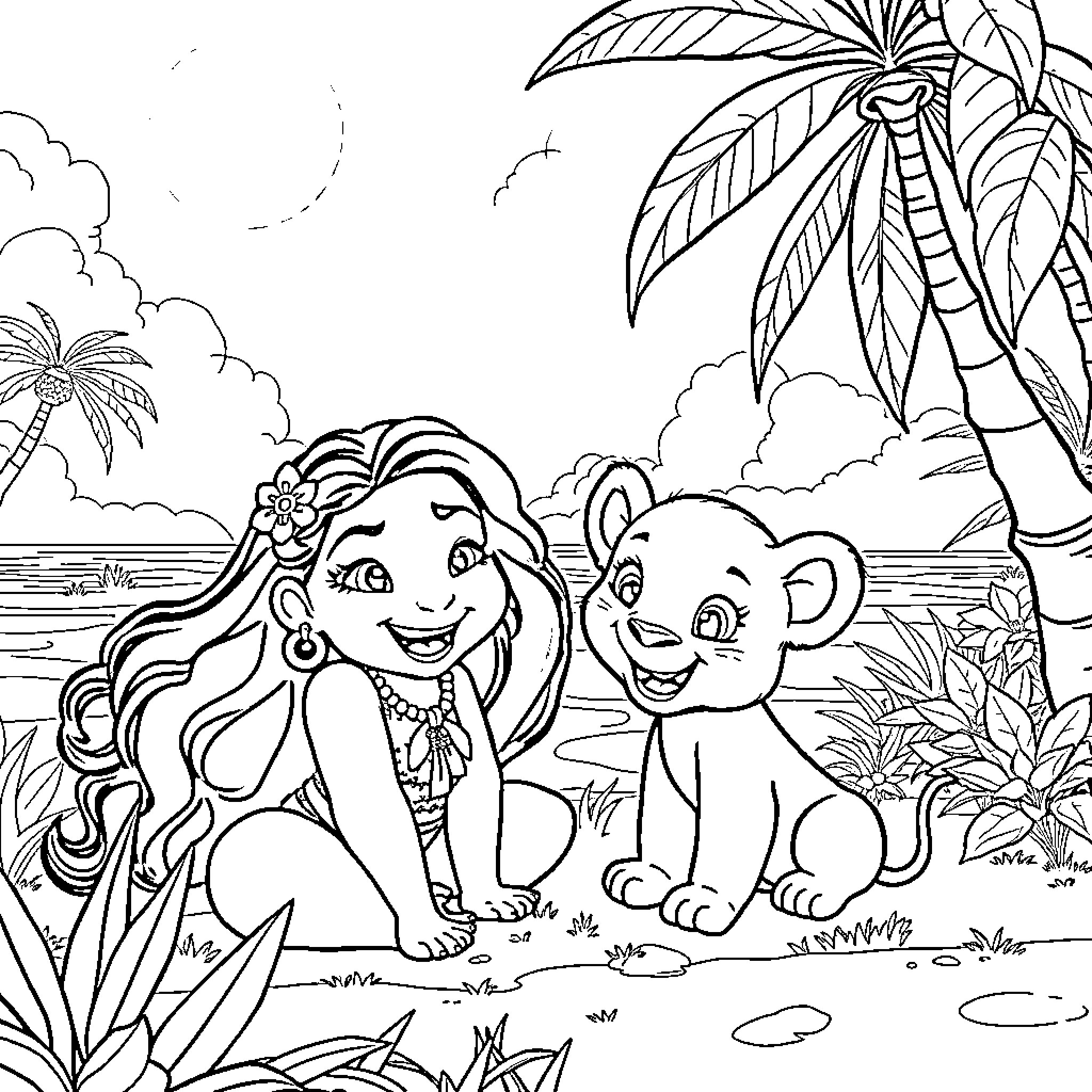 Moana and her animal companion exploring the tropical landscape Coloring Page (free black-and-white line drawing printable PDF for all, from beginners to advanced learners, including children, teens, adults, and seniors)