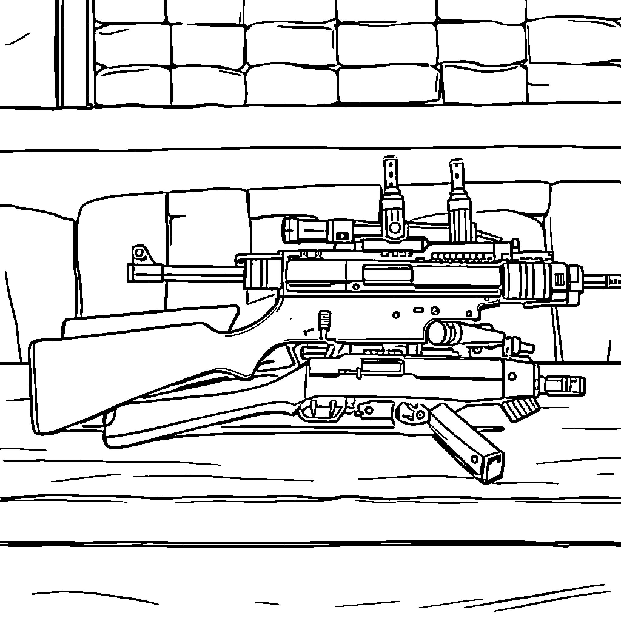Fal Rifle Displayed with Military Gear Coloring Page (free black-and-white line drawing printable PDF for all, from beginners to advanced learners, including children, teens, adults, and seniors)