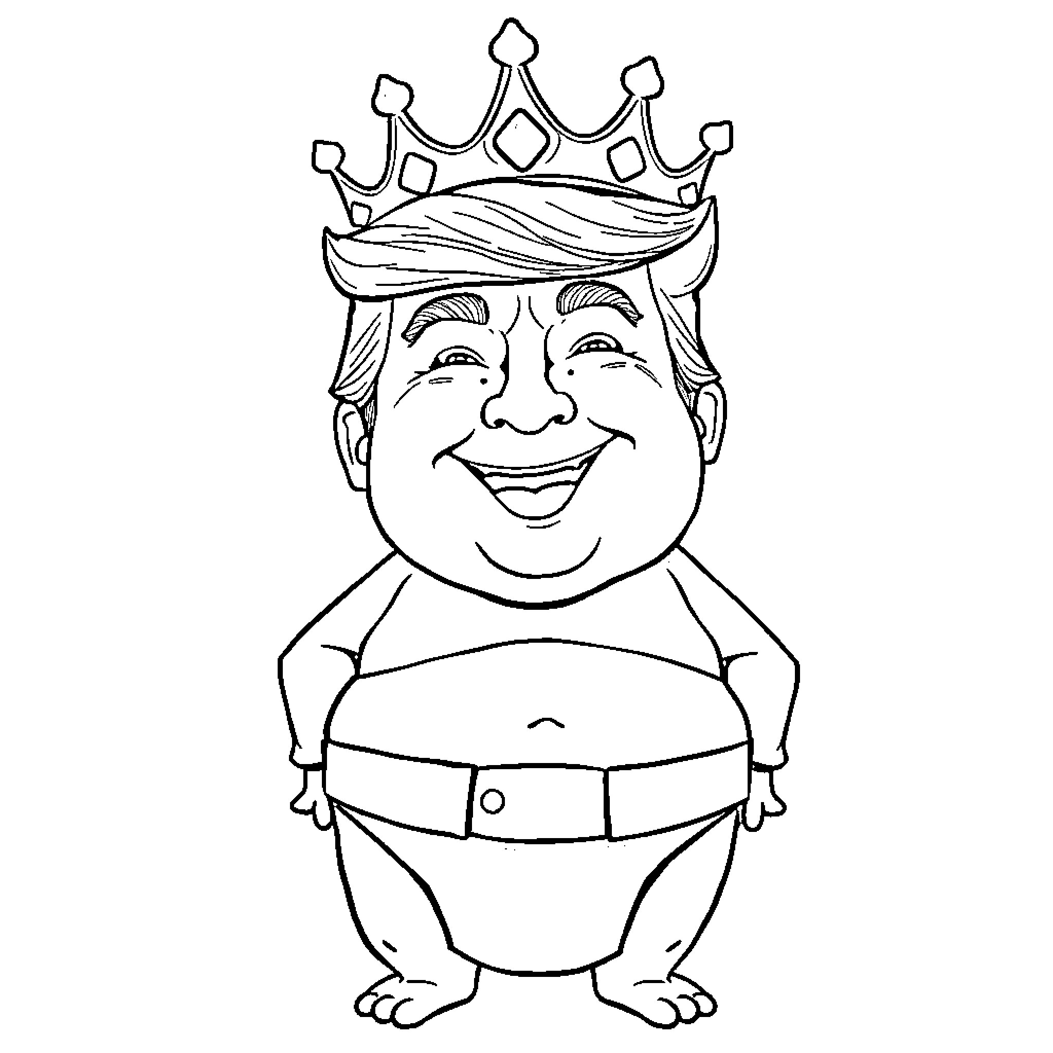 Trump Wearing a Crown and Smiling Happily Coloring Page (free black-and-white line drawing printable PDF for all, from beginners to advanced learners, including children, teens, adults, and seniors)