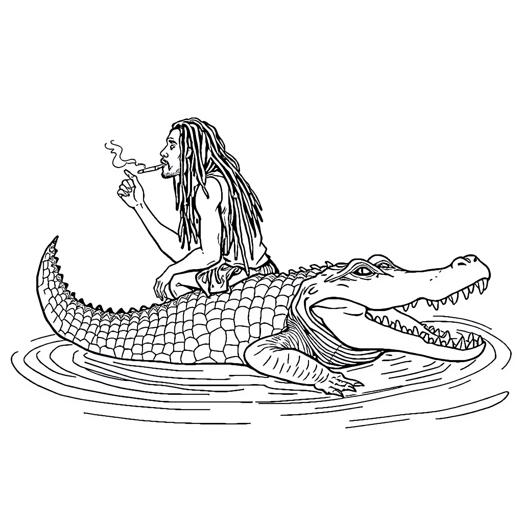 Man riding on the back of a crocodile Coloring Page (free black-and-white line drawing printable PDF for all, from beginners to advanced learners, including children, teens, adults, and seniors)