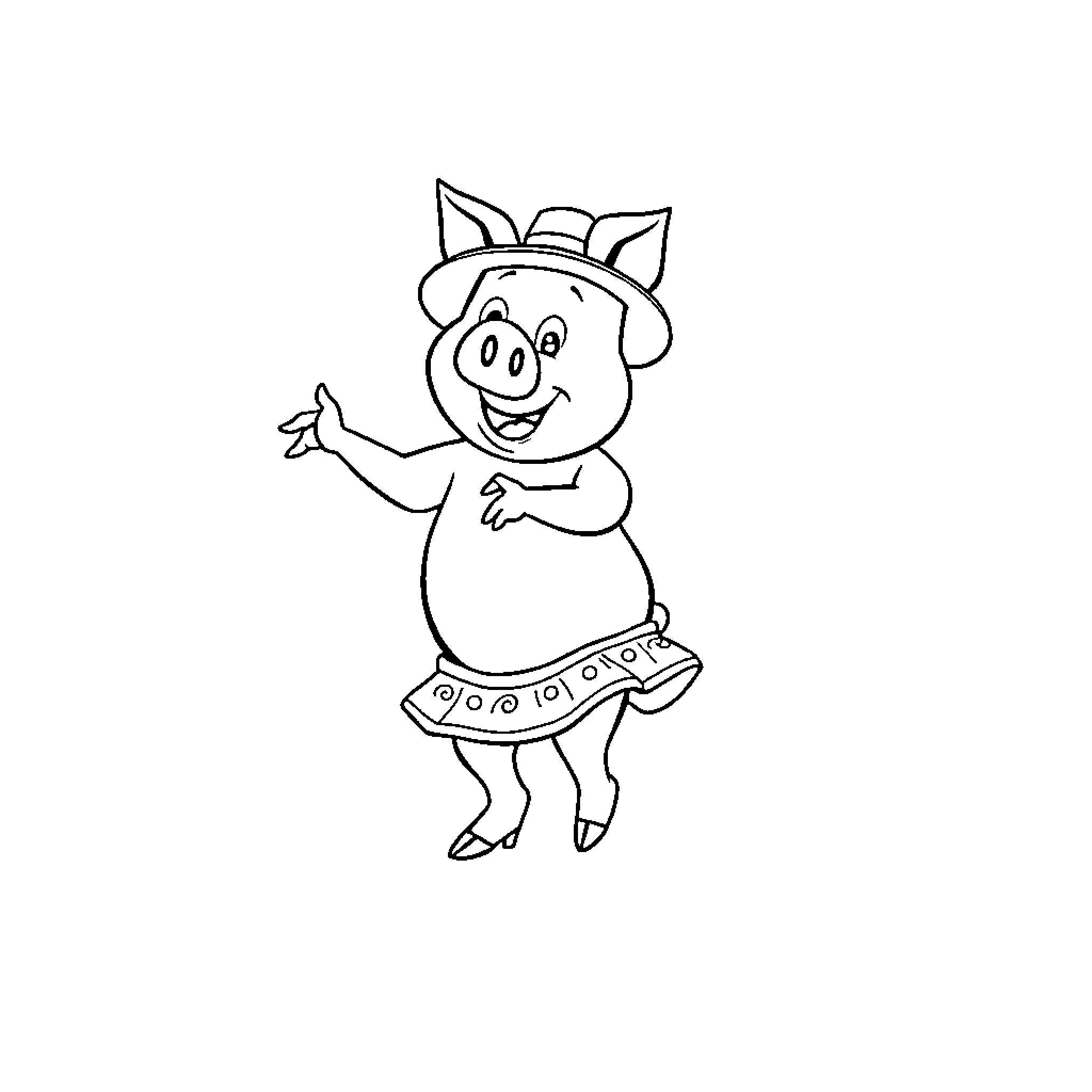 Piggy dancing happily in a cute outfit Coloring Page (free black-and-white line drawing printable PDF for all, from beginners to advanced learners, including children, teens, adults, and seniors)