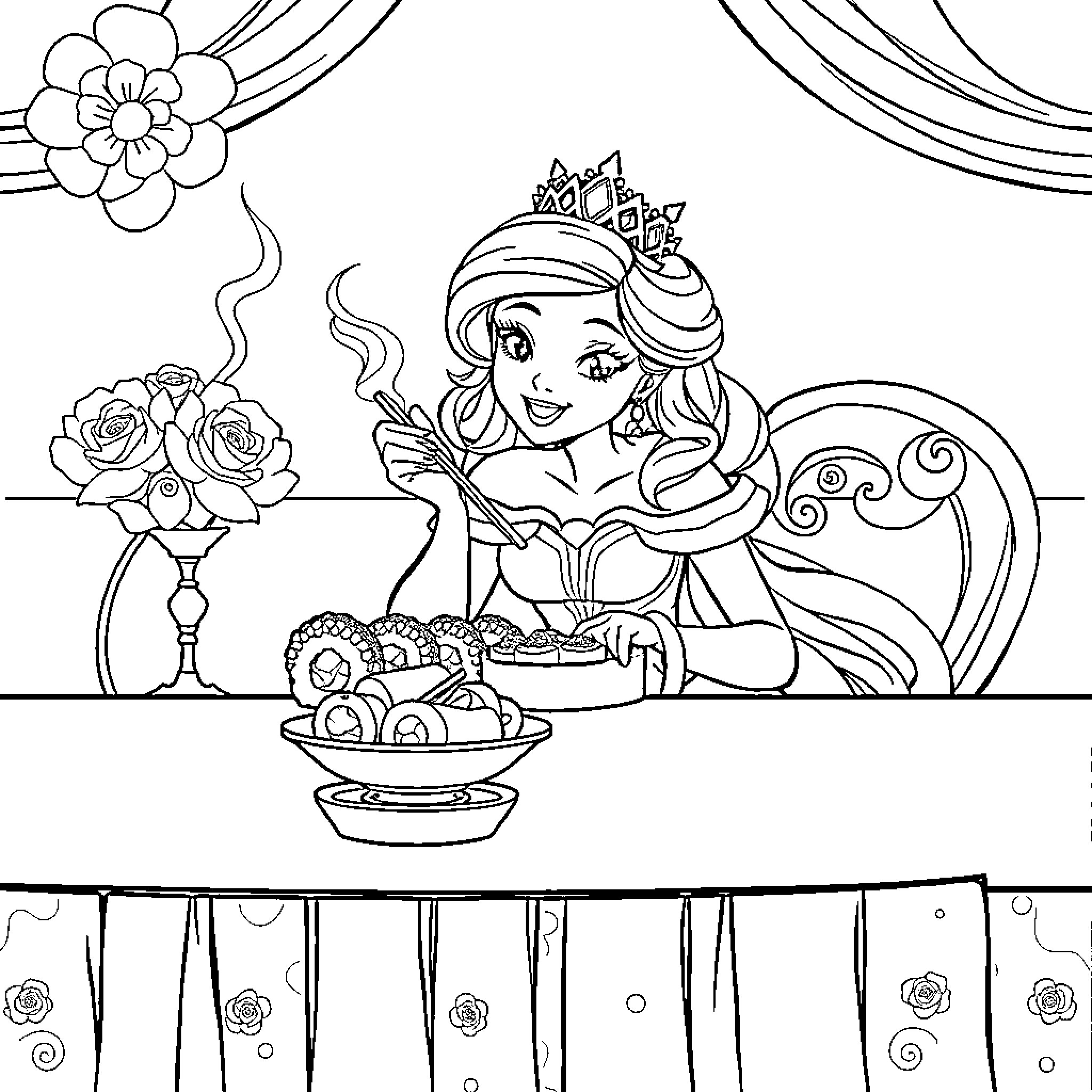 Princess Enjoying a Delightful Meal Coloring Page (free black-and-white line drawing printable PDF for all, from beginners to advanced learners, including children, teens, adults, and seniors)