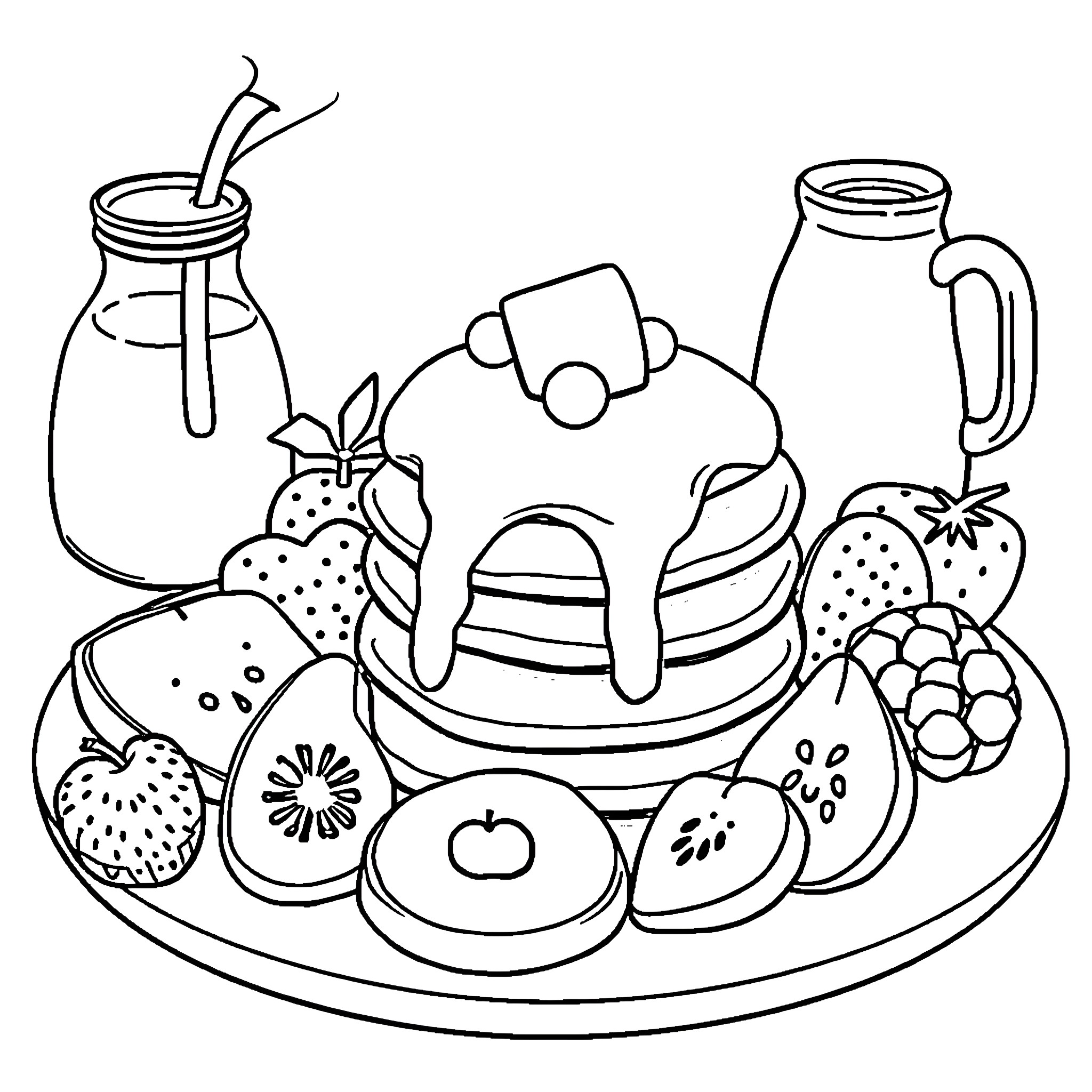 Breakfast Delights with Fruit and Pastries Coloring Page (free black-and-white line drawing printable PDF for all, from beginners to advanced learners, including children, teens, adults, and seniors)