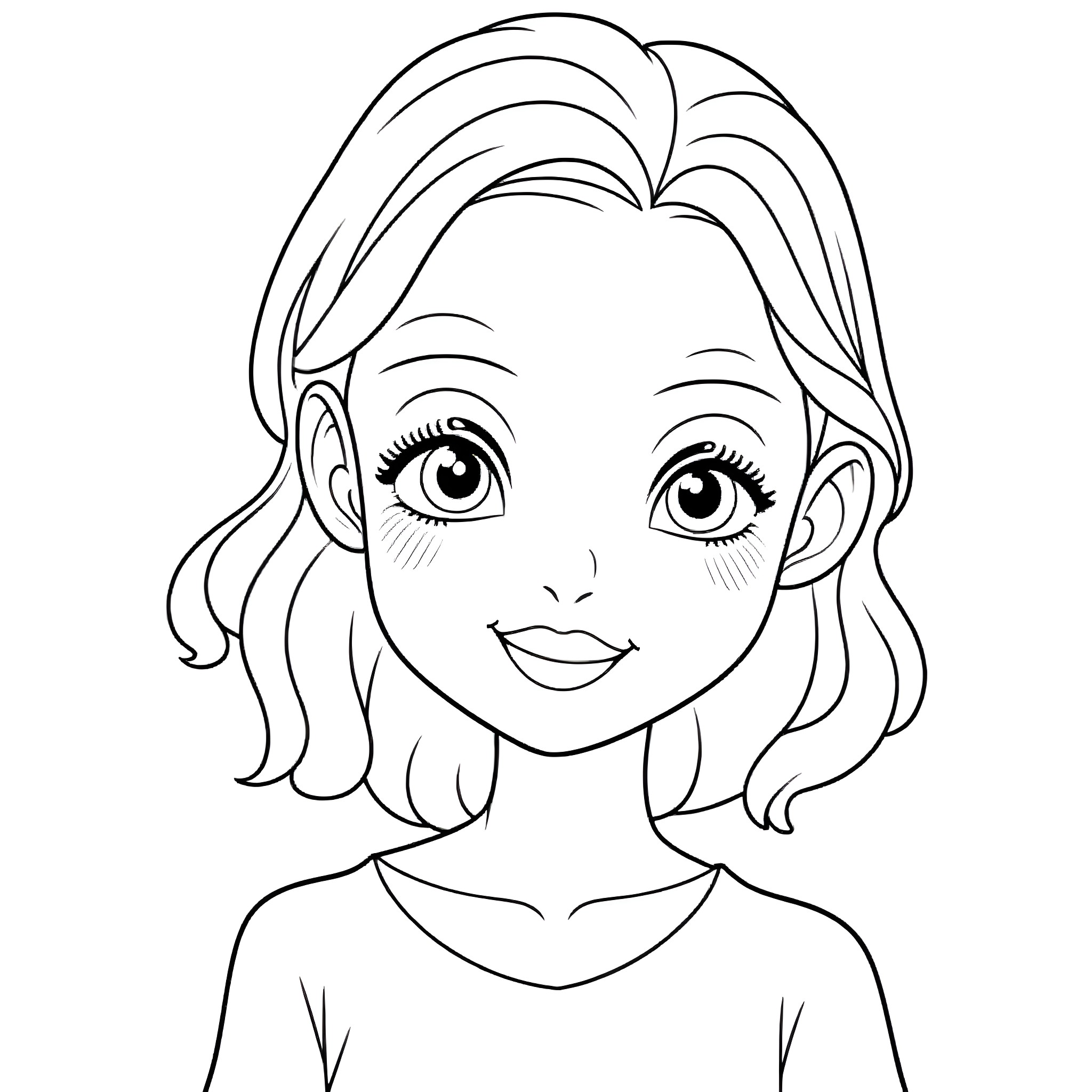 Girl with curly hair and cheerful expression Coloring Page (free black-and-white line drawing printable PDF for all, from beginners to advanced learners, including children, teens, adults, and seniors)
