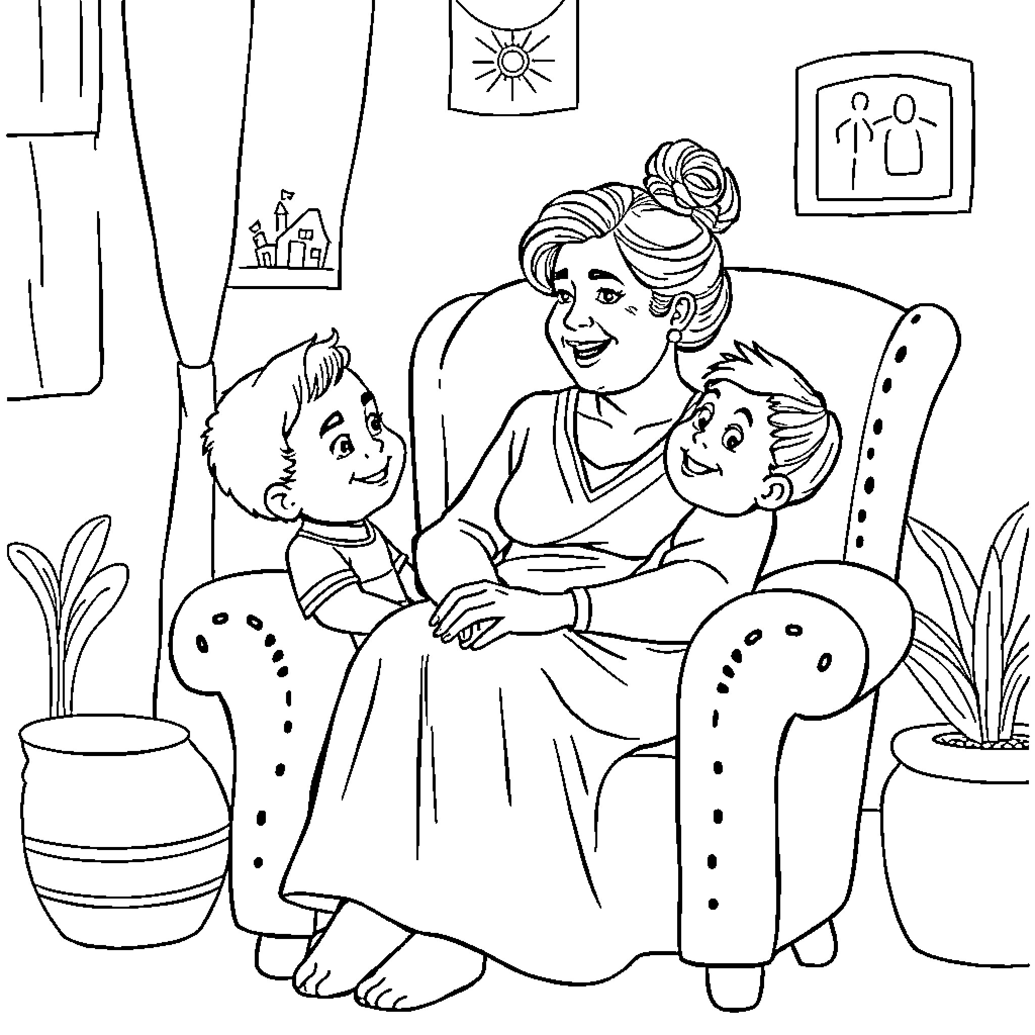 Mamá Coco shares a moment with her family Coloring Page (free black-and-white line drawing printable PDF for all, from beginners to advanced learners, including children, teens, adults, and seniors)