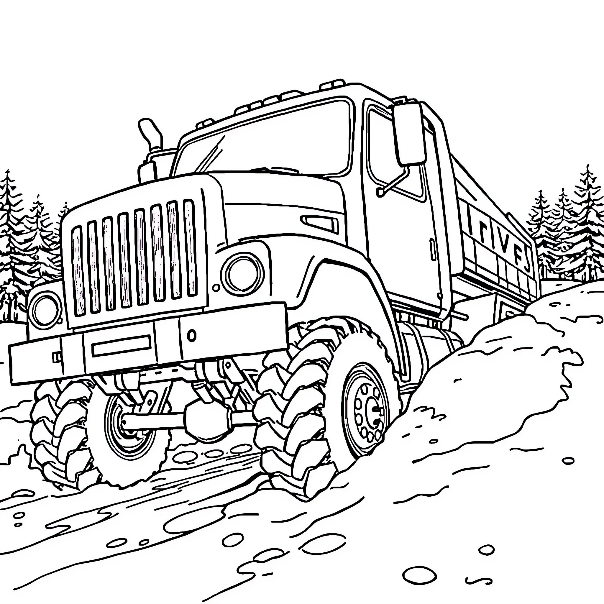 Truck traversing snowy forest landscape Coloring Page (free black-and-white line drawing printable PDF for all, from beginners to advanced learners, including children, teens, adults, and seniors)