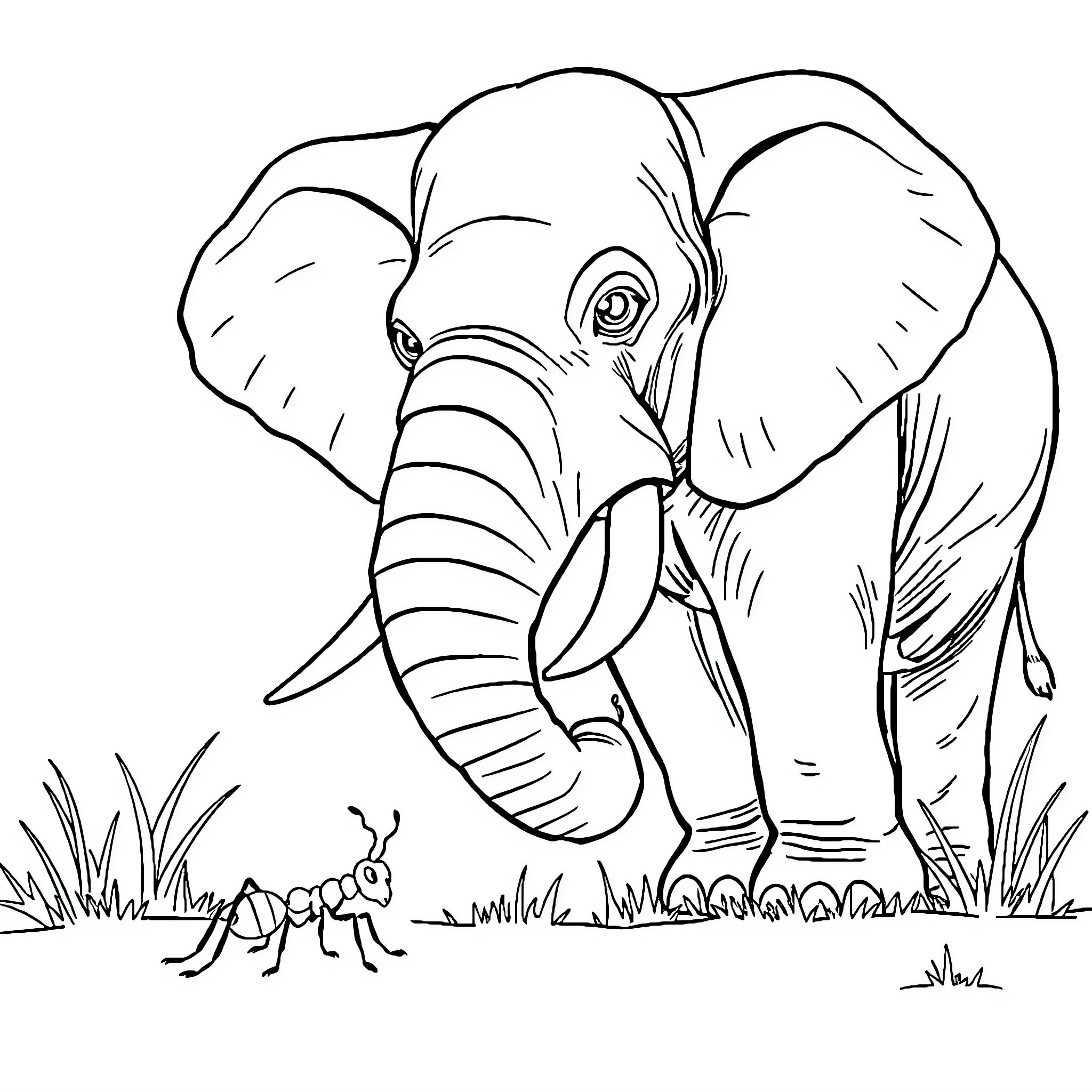 Ant encountering a majestic elephant in the wild Coloring Page (free black-and-white line drawing printable PDF for all, from beginners to advanced learners, including children, teens, adults, and seniors)