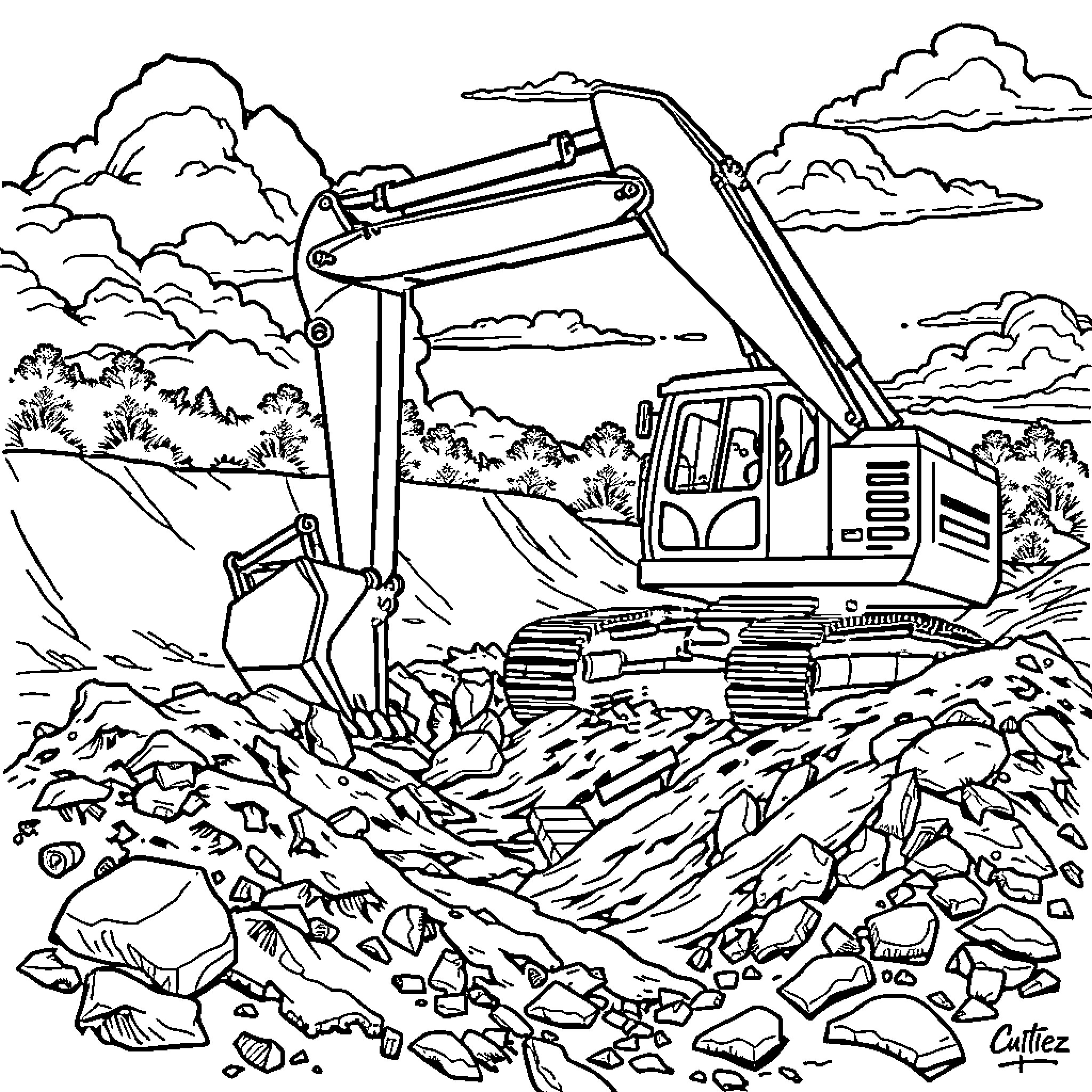 Excavator at work in rugged construction site Coloring Page (free black-and-white line drawing printable PDF for all, from beginners to advanced learners, including children, teens, adults, and seniors)