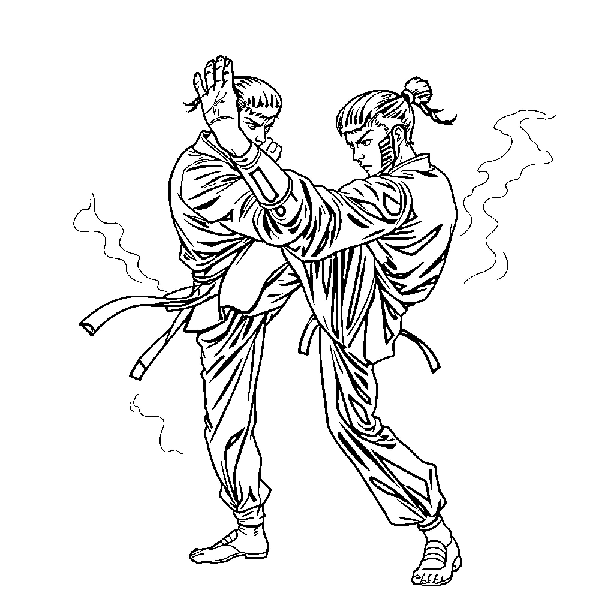 Kung Fu Masters in Dramatic Combat Coloring Page (free black-and-white line drawing printable PDF for all, from beginners to advanced learners, including children, teens, adults, and seniors)