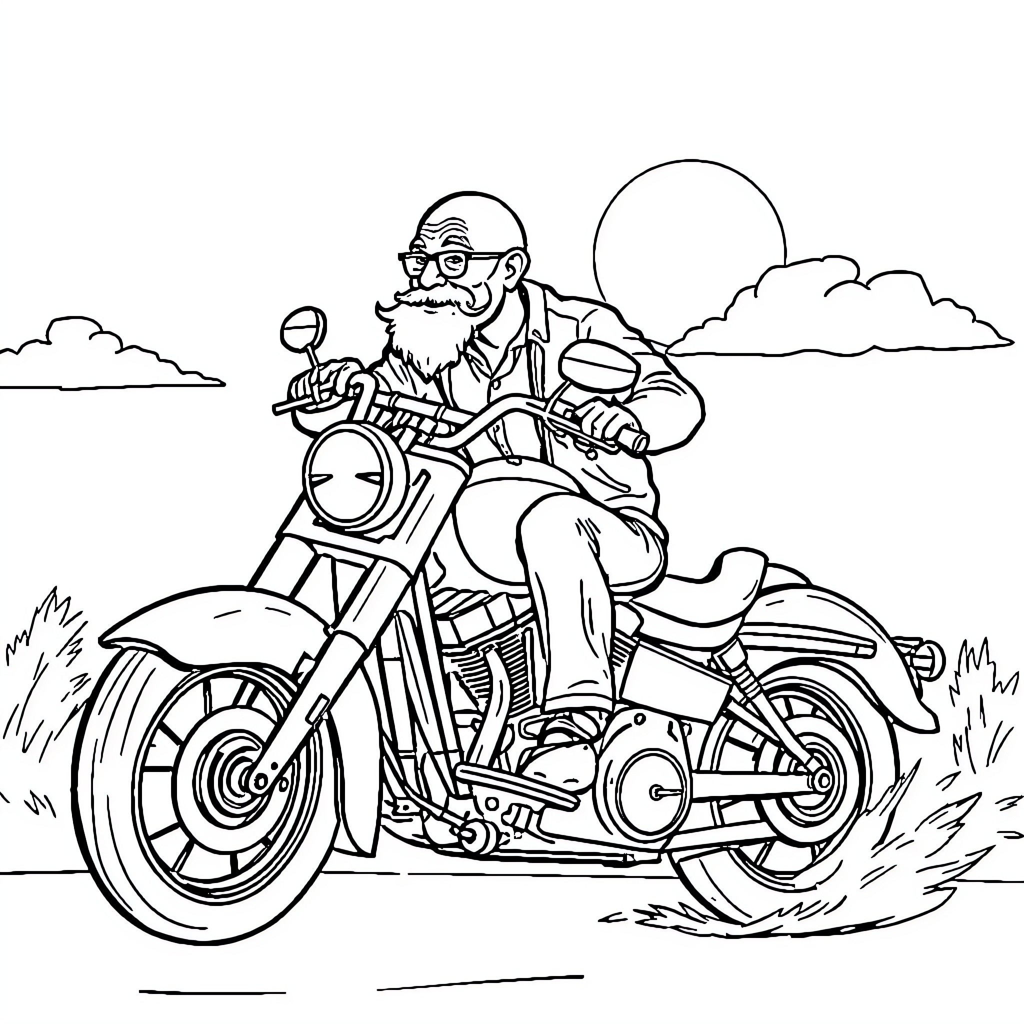 Grandpa riding an old-fashioned motorcycle in the countryside Coloring Page (free black-and-white line drawing printable PDF for all, from beginners to advanced learners, including children, teens, adults, and seniors)