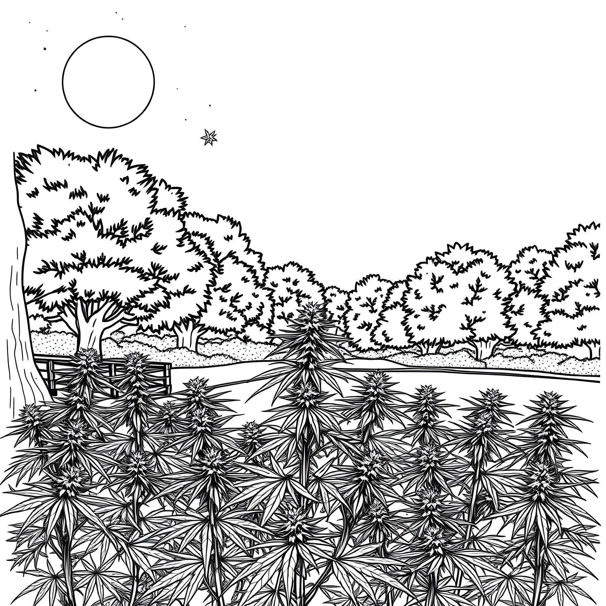 Moon rising over a field of plants Coloring Page (free black-and-white line drawing printable PDF for all, from beginners to advanced learners, including children, teens, adults, and seniors)
